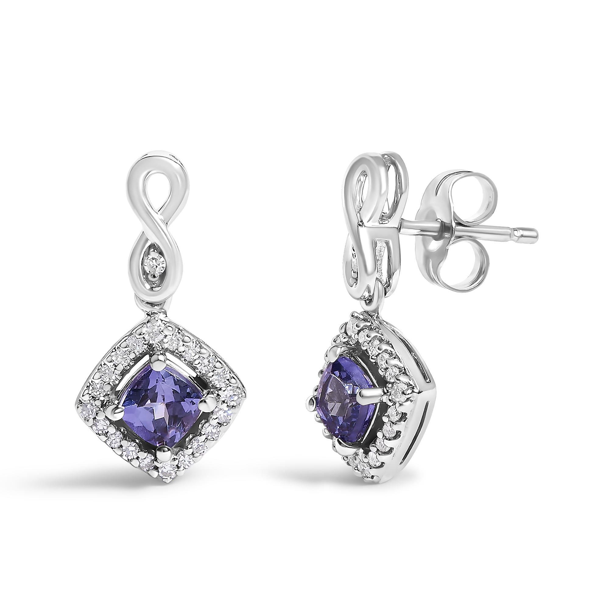 10K White Gold Blue Purple Tanzanite and Diamond Halo Cushion Shaped Drop Earrings (I-J Color, I1-I2 Clarity) - Friggin Jewelry