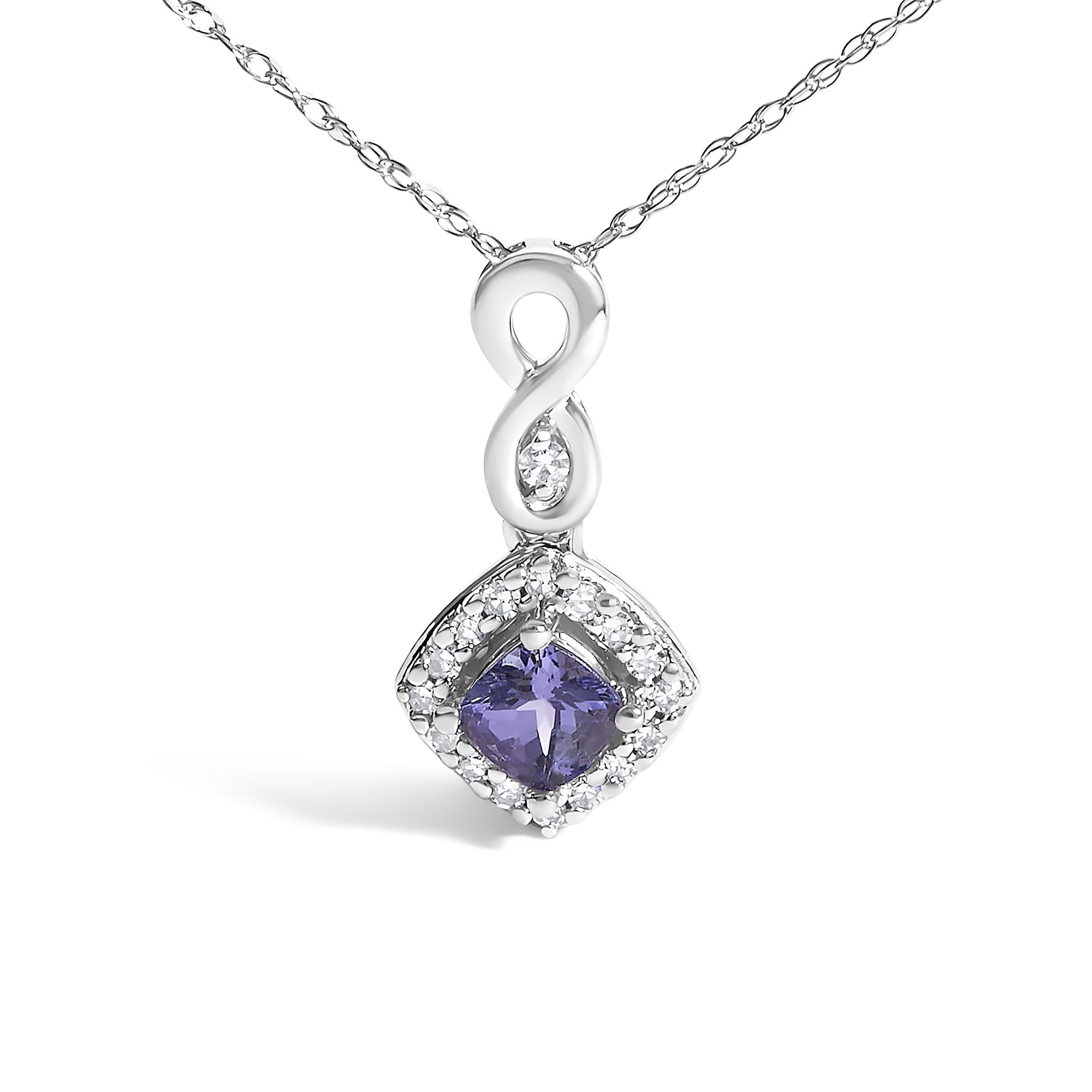 10K White Gold Blue Purple Tanzanite and Diamond Accent Cushion Drop Pendant Necklace - 18" Inches - Friggin Jewelry