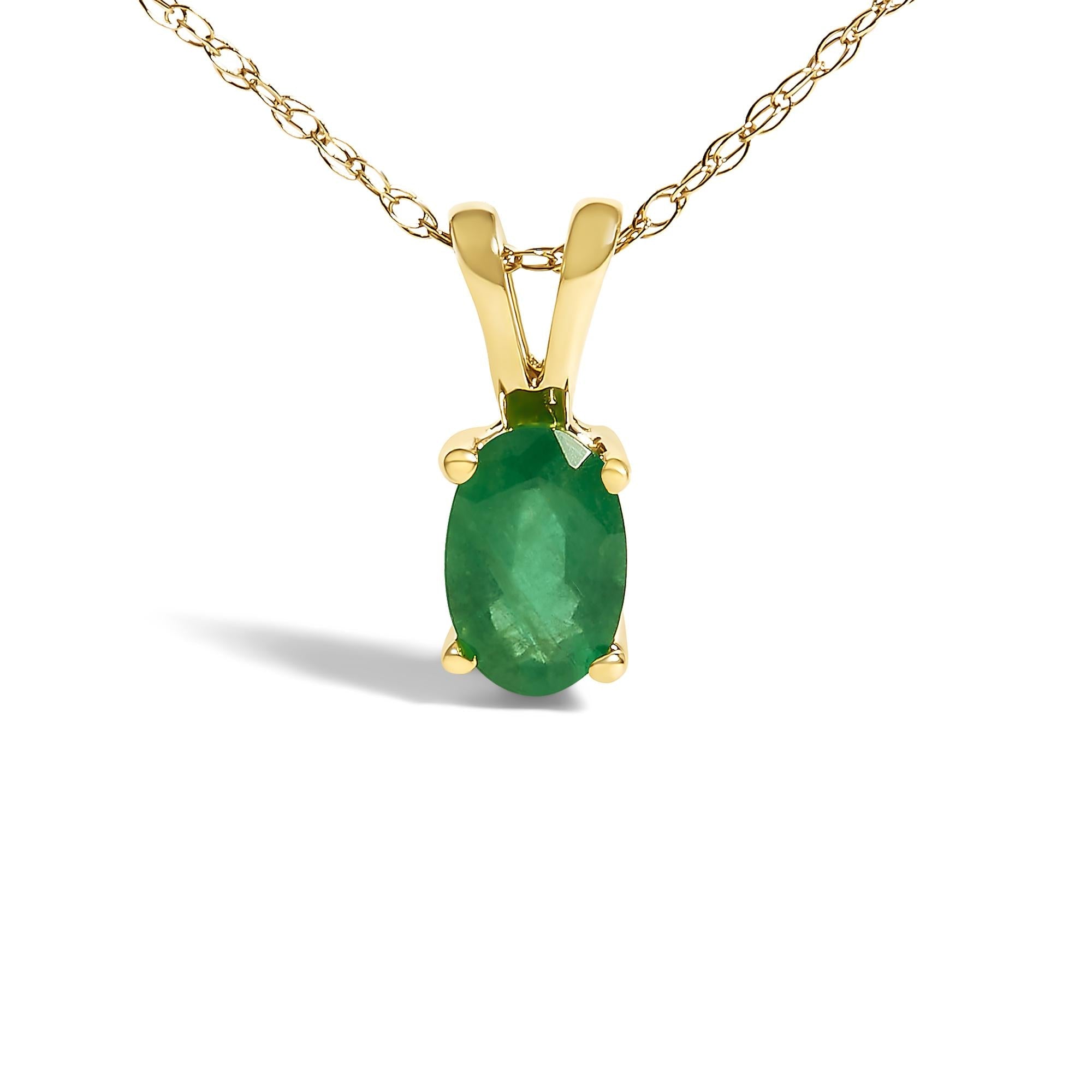14K Yellow Gold Oval Green Emerald Solitaire Pendant Necklace - 18" Inches - Friggin Jewelry