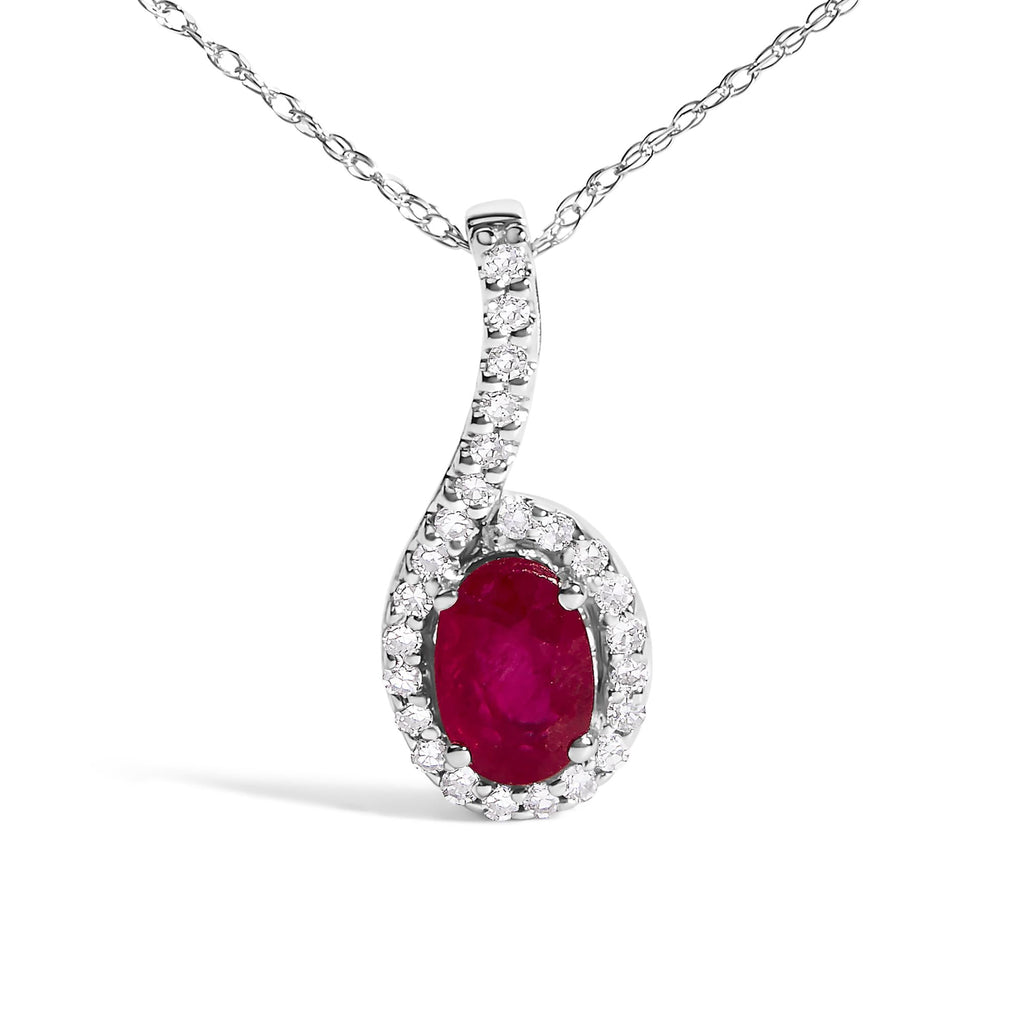 Collar con colgante en forma de lágrima de oro blanco de 10 quilates con rubí rojo y detalles de diamantes - 45,7 cm - Friggin Jewelry
