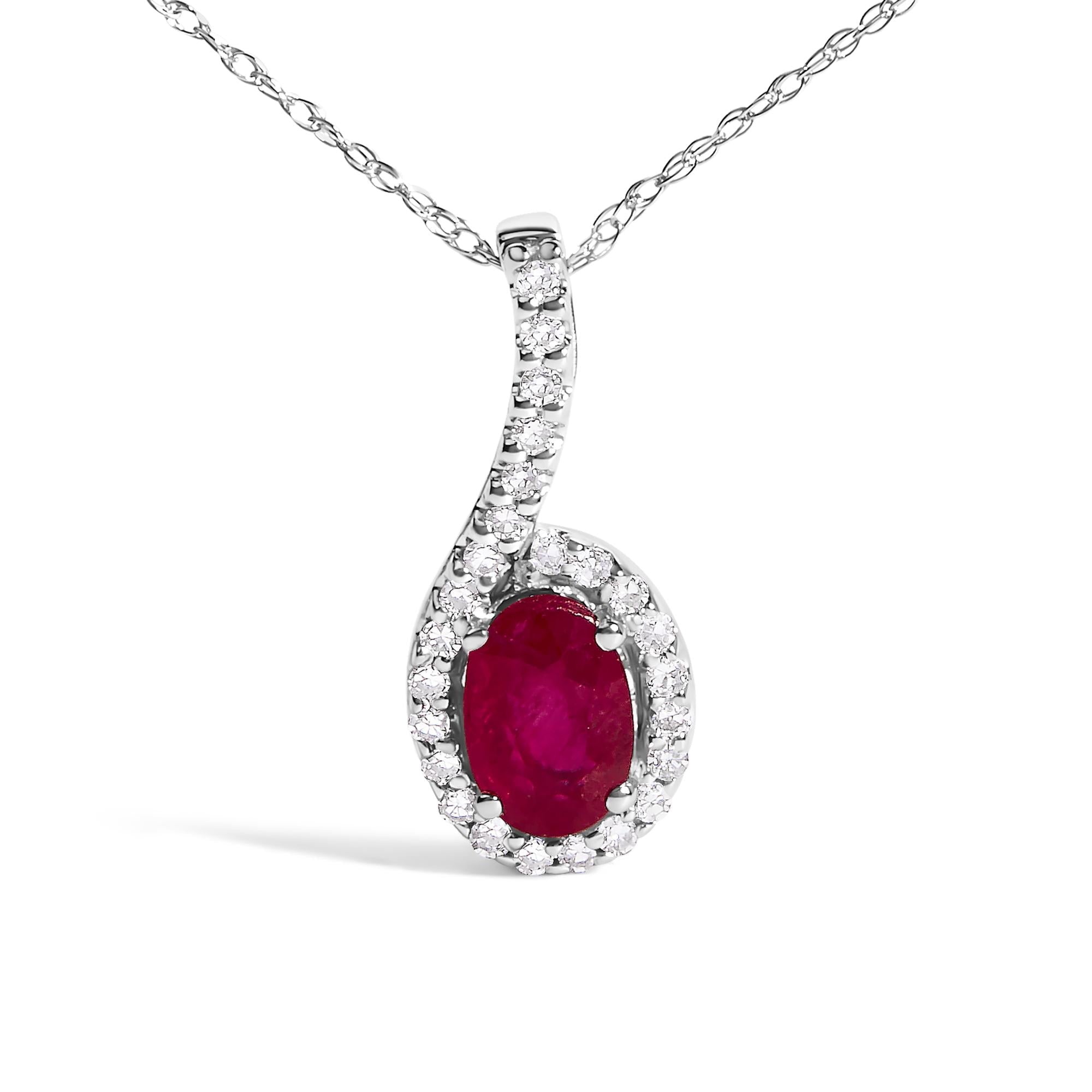 Collar con colgante en forma de lágrima de oro blanco de 10 quilates con rubí rojo y detalles de diamantes - 45,7 cm - Friggin Jewelry