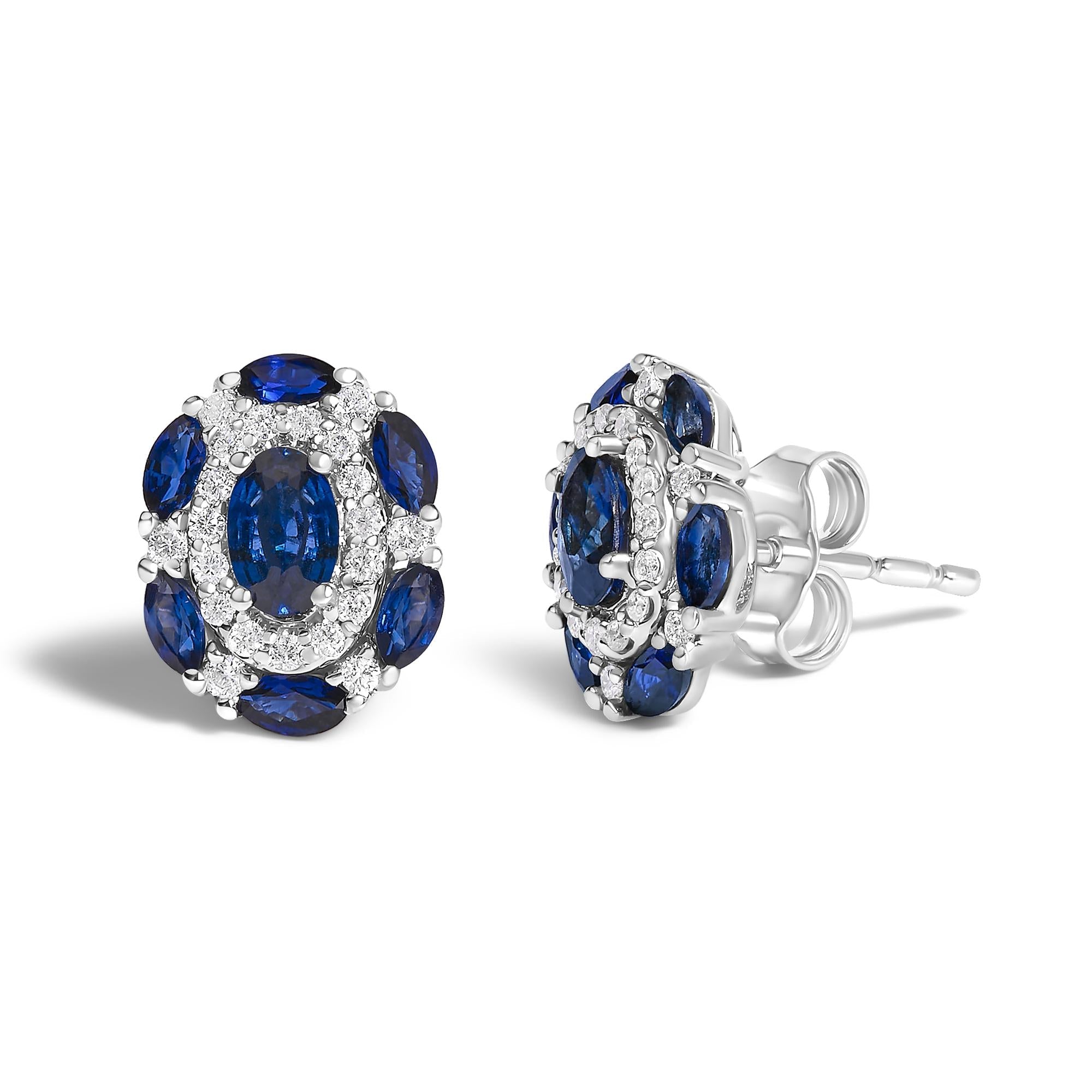 Orecchini a bottone in stile vintage in oro bianco 14 carati con zaffiri blu e diamanti (colore GH, purezza SI2-I1) - Friggin Jewelry