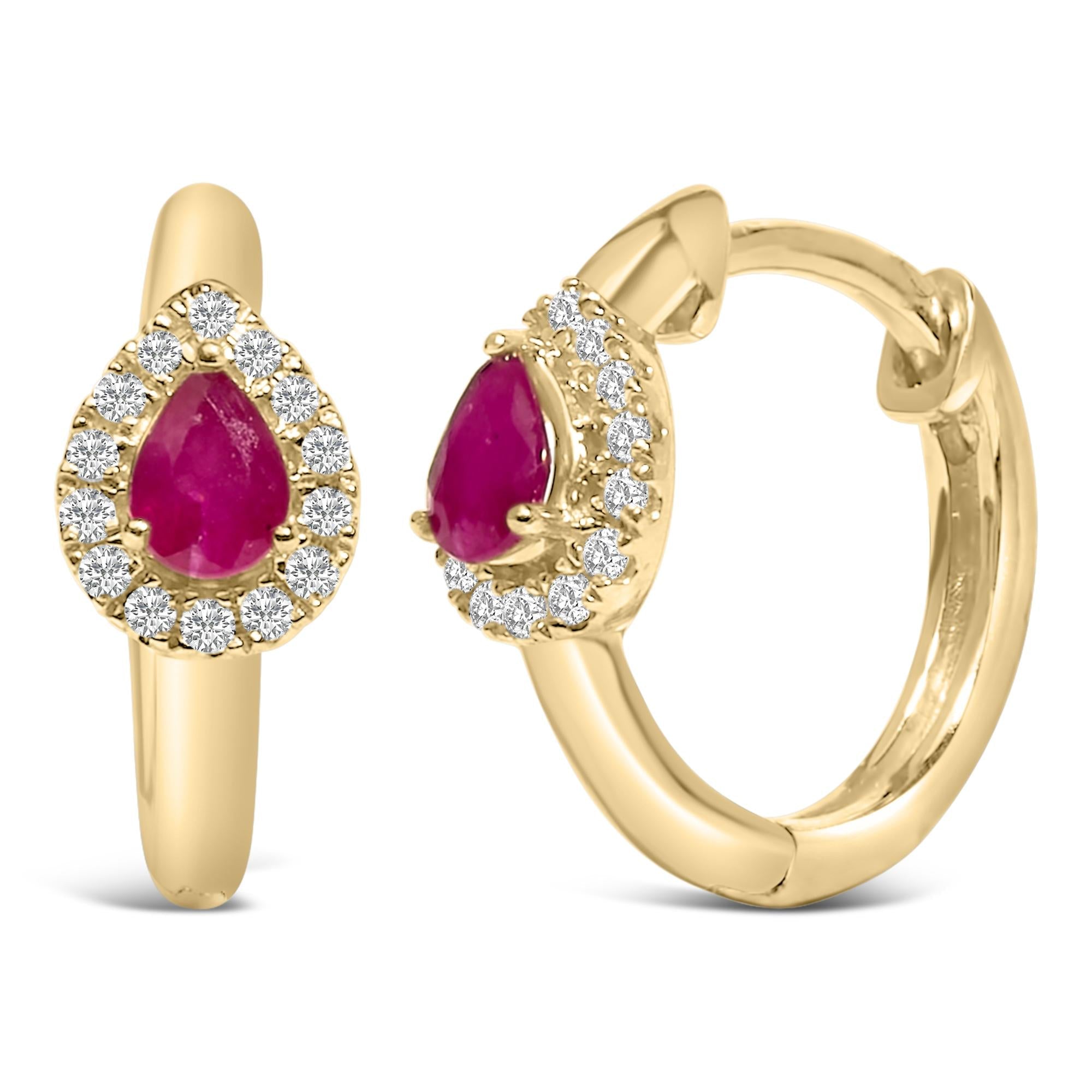 10K Yellow Gold Pear Cut Red Ruby 4x3 mm and 1/10 Cttw Round Diamond Huggy Earrings (I-J Color, I1-I2 Clarity) - Friggin Jewelry