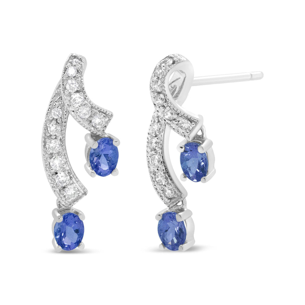 14K White Gold 4x3MM Oval Shaped Natural Blue Tanzanite Gemstone and 1/5 Cttw Diamond Double 3/4" Inch Drop Stud Earrings (H-I Color, VS1-VS2 Clarity) - Friggin Jewelry