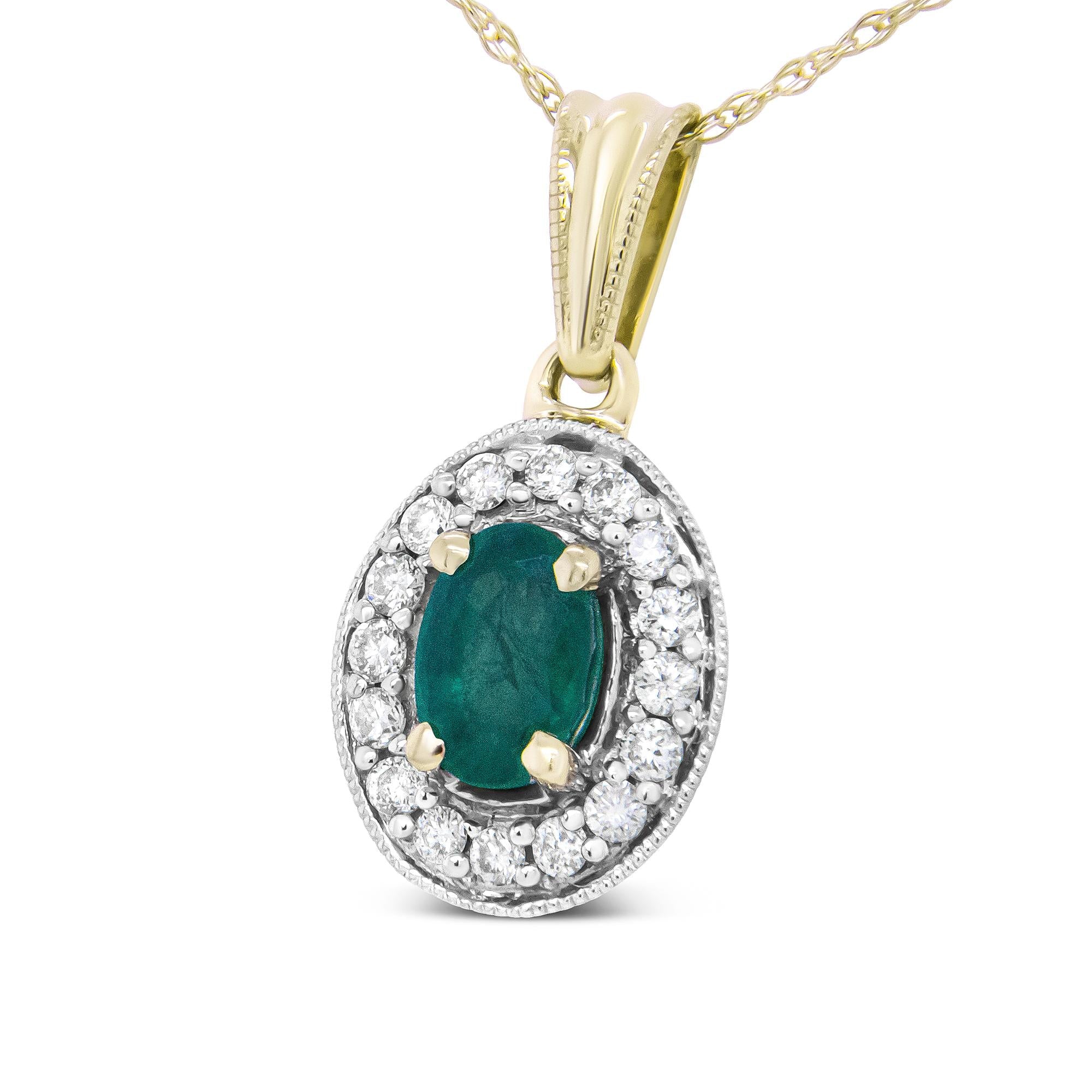 14K Yellow Gold 6x4mm Emerald and 1/5 Cttw Round Diamond Halo Pendant 18" Necklace - (H-I Color, SI1-SI2 Clarity) - Friggin Jewelry