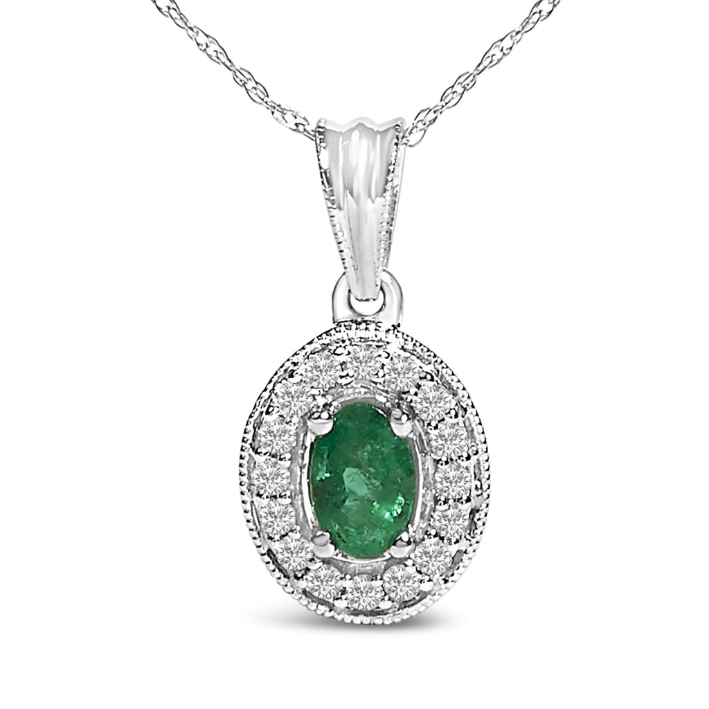 Collar con colgante ovalado de oro blanco de 14 quilates de 6 x 4 mm con halo de diamantes y esmeralda verde - 45,7 cm - Friggin Jewelry