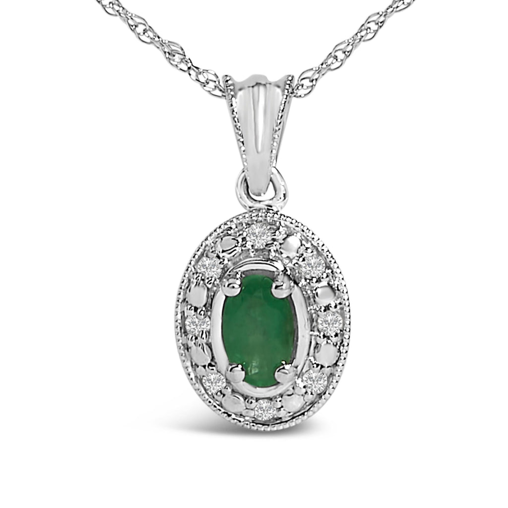 Collar con colgante de esmeralda verde ovalada y halo de diamantes en oro blanco de 14 quilates (45,7 cm) - Friggin Jewelry