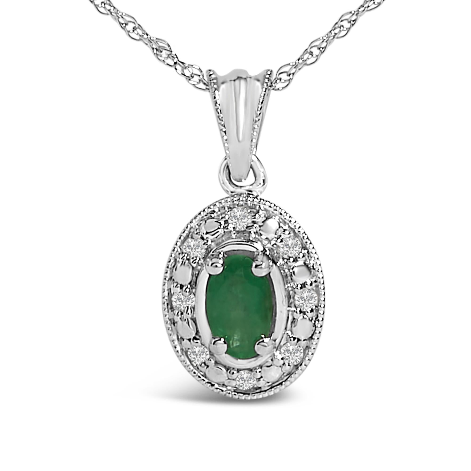 14K White Gold Oval Green Emerald and Diamond Halo Pendant Necklace - 18" Inches - Friggin Jewelry