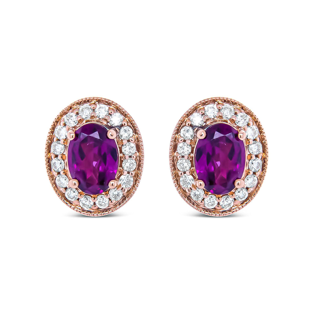 14K Rose Gold 7x5mm Oval Cut Garnet and 3/8 Cttw Round Diamond Halo Stud Earrings (G-H Color, SI1-SI2 Clarity) - Friggin Jewelry