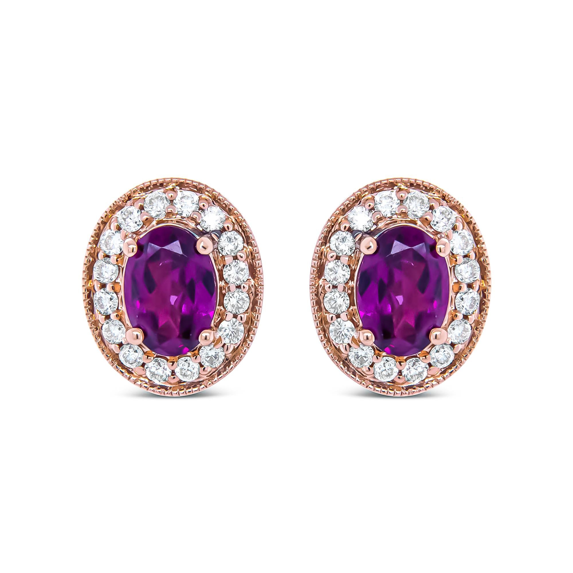 14K Rose Gold 7x5mm Oval Cut Garnet and 3/8 Cttw Round Diamond Halo Stud Earrings (G-H Color, SI1-SI2 Clarity) - Friggin Jewelry
