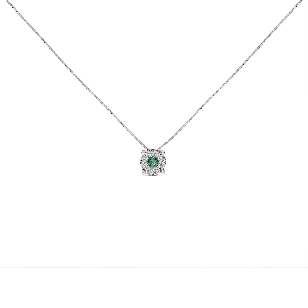 14K White Gold 3.8 MM Green Emerald and 1/3 Cttw Diamond Composite Halo 18" Pendant Necklace (F-G Color, VS2-SI1 Clarity) - Friggin Jewelry Premium