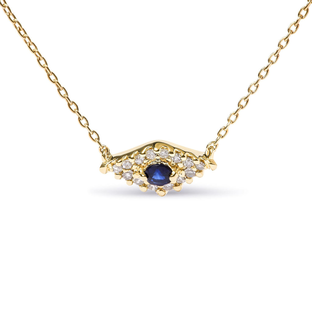 10K Yellow Gold Blue Sapphire and Diamond Accented Evil Eye 18" Inch Pendant Necklace (H-I Color, I1-I2 Clarity) - Friggin Jewelry