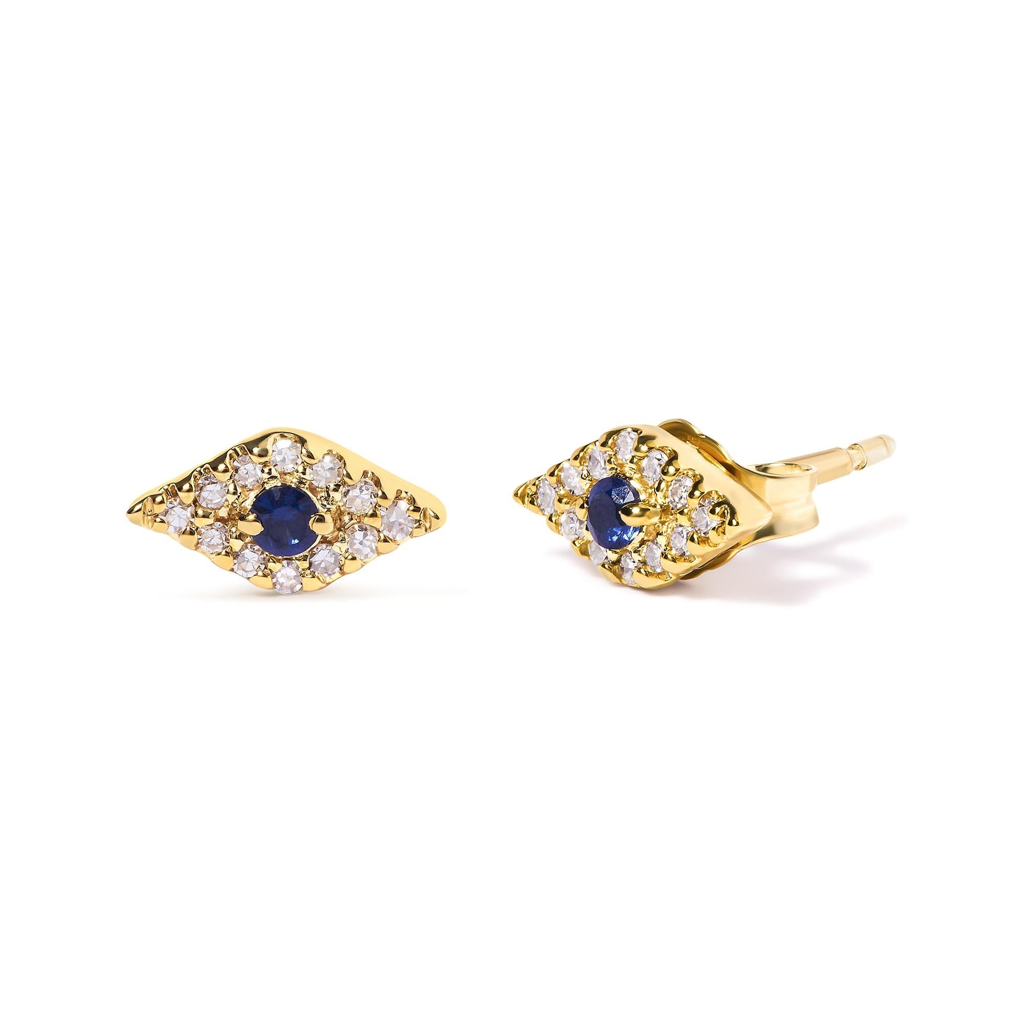 10K Yellow Gold Blue Sapphire and Diamond Accent Evil Eye Stud Earring (H-I Color, I1-I2 Clarity) - Friggin Jewelry