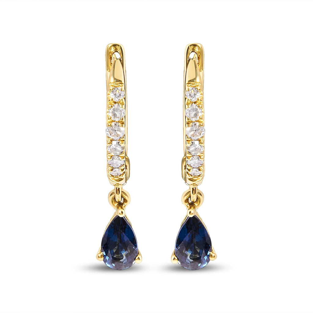 10K Yellow Gold Pear Blue Sapphire and 1/10 Cttw Diamond Drop and Dangle Huggy Hoop Earrings (H-I Color, I1-I2 Clarity) - Friggin Jewelry