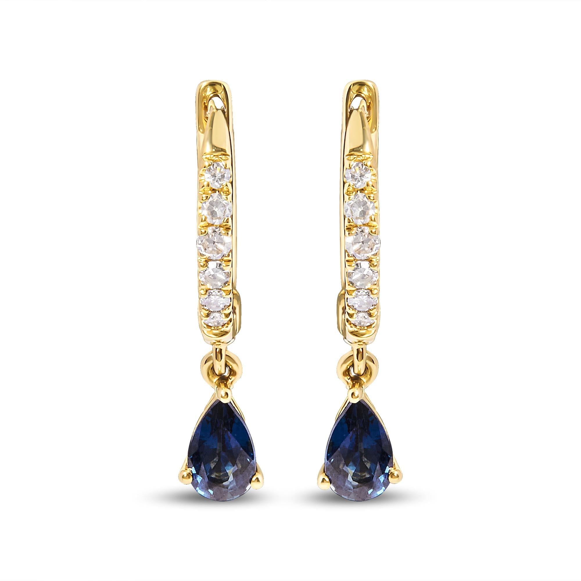 10K Yellow Gold Pear Blue Sapphire and 1/10 Cttw Diamond Drop and Dangle Huggy Hoop Earrings (H-I Color, I1-I2 Clarity) - Friggin Jewelry