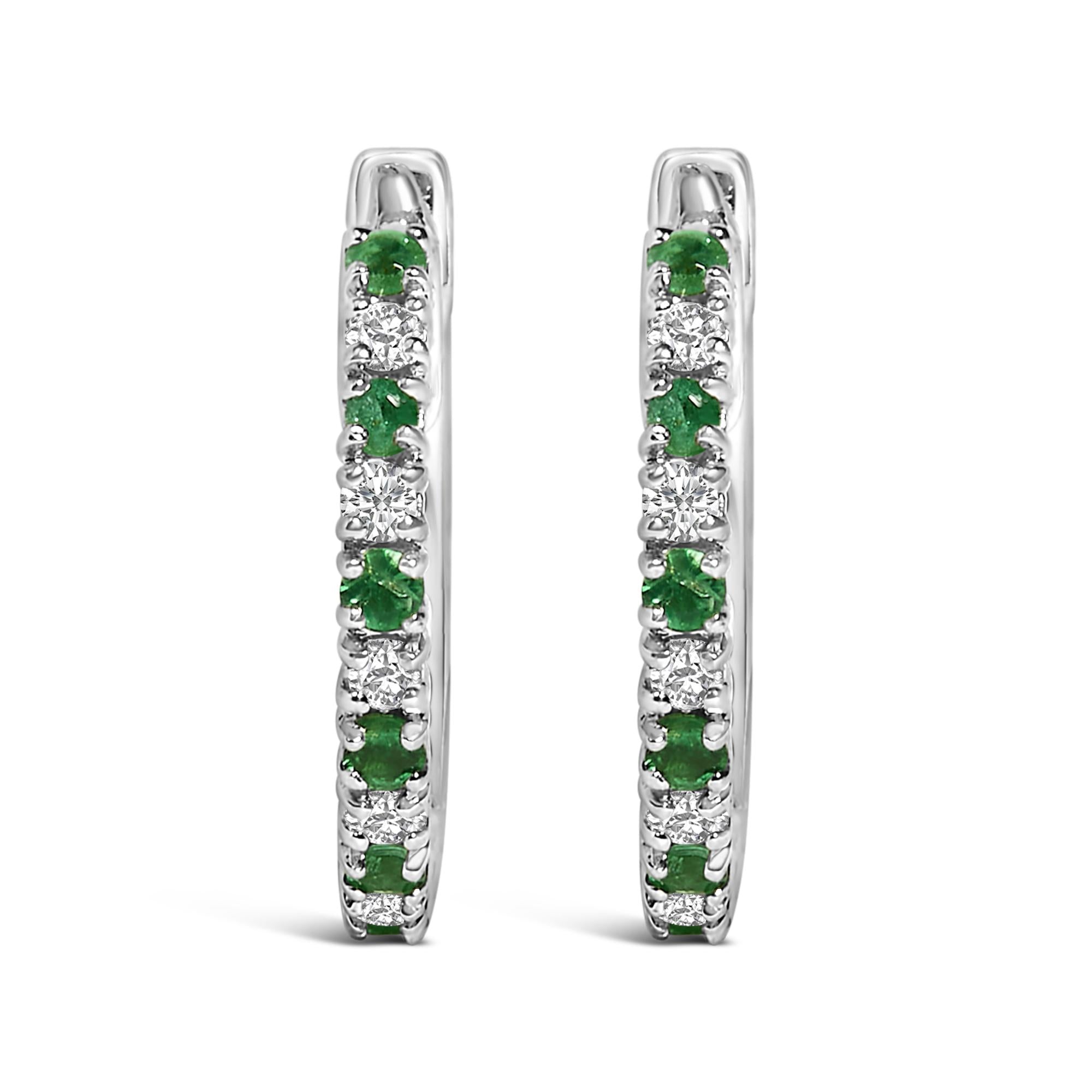 10K White Gold Alternating Emerald 1/10 Cttw Diamond Huggy Hoop Earrings (I-J Color, I1-I2 Clarity) - Friggin Jewelry