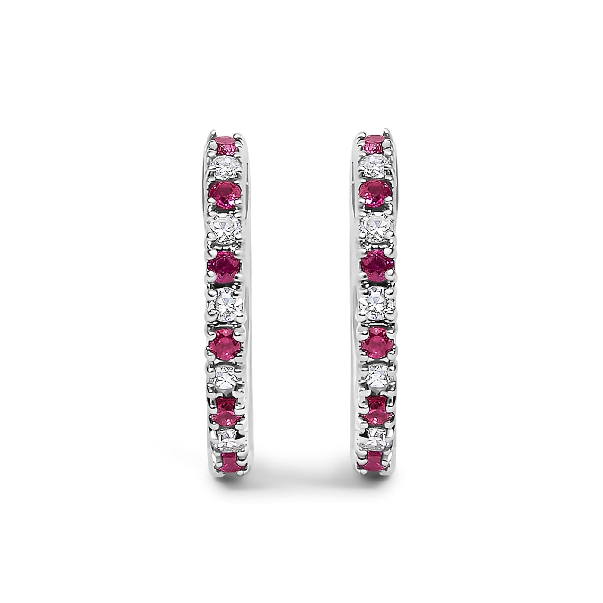 10K Gold Alternating Diamond and Red Ruby Huggy Hoop Earrings - Friggin Jewelry