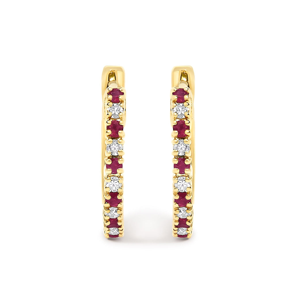 10K Gold Alternating Diamond and Red Ruby Huggy Hoop Earrings - Friggin Jewelry