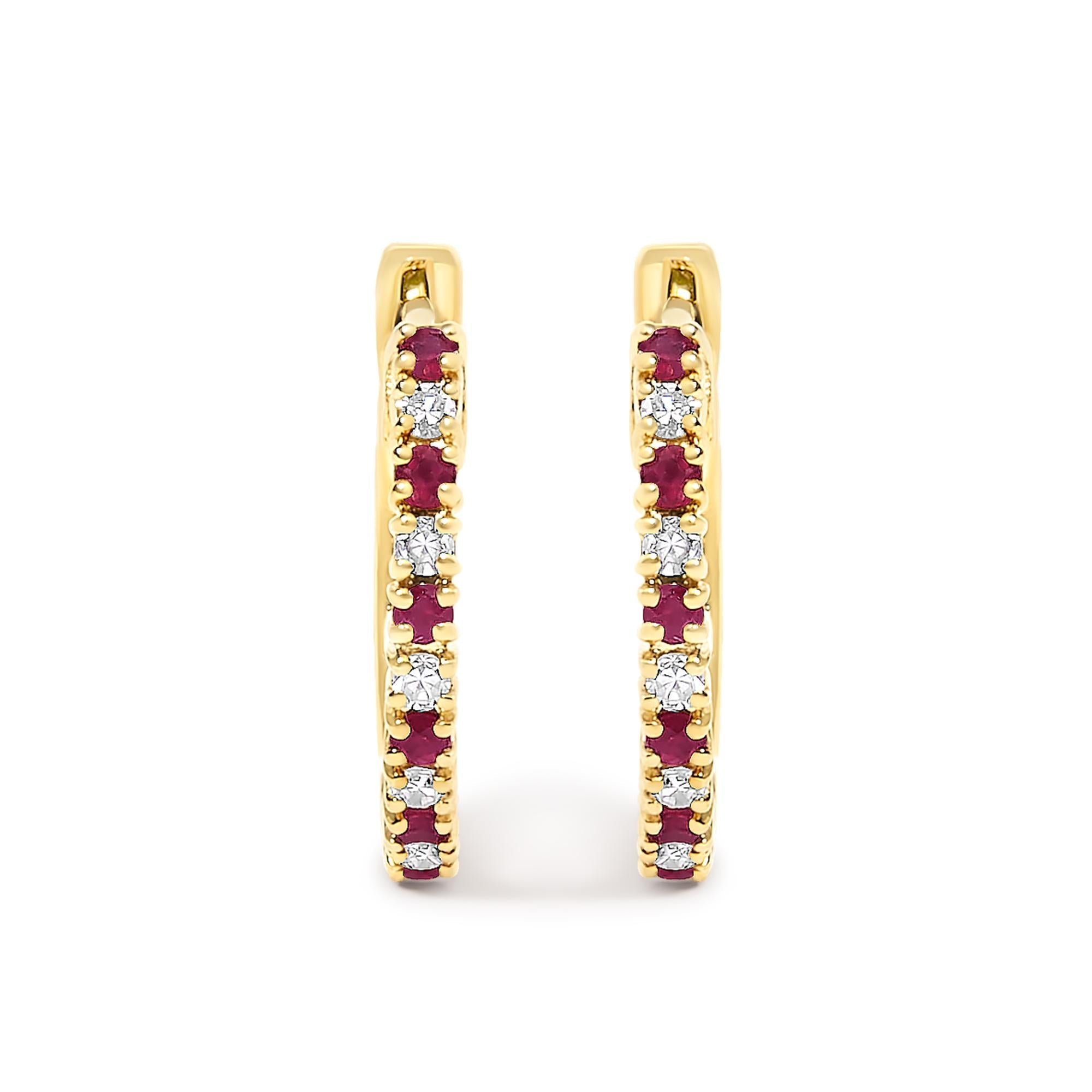 10K Gold Alternating Diamond and Red Ruby Huggy Hoop Earrings - Friggin Jewelry