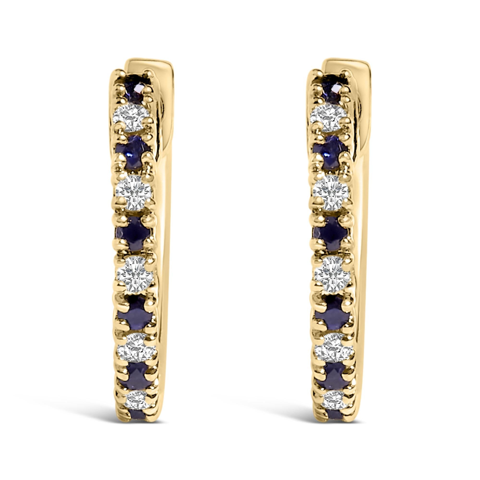 10K Yellow Gold Alternating Blue Sapphire 1/10 Cttw Diamond Huggy Hoop Earrings  (I-J Color, I1-I2 Clarity) - Friggin Jewelry