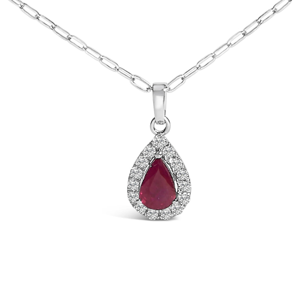 Collana con ciondolo a forma di pera in oro bianco 14 carati, 6x4, con rubino rosso e diamanti - 18 pollici - Friggin Jewelry