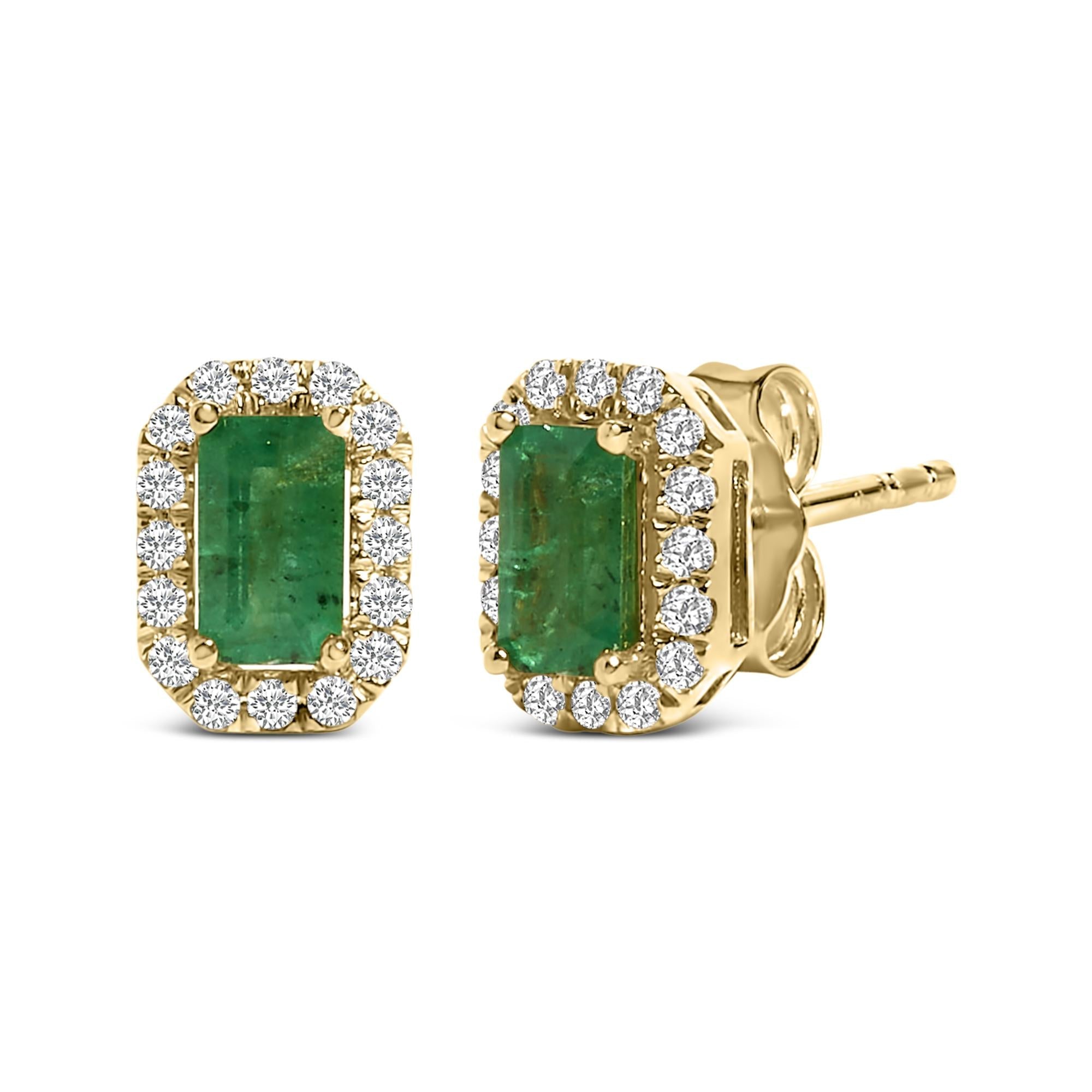 14K Yellow Gold Green Emerald and 1/8 Cttw Diamond Halo Octagonal Shaped Stud Earrings  (I-J Color, I1-I2 Clarity) - Friggin Jewelry