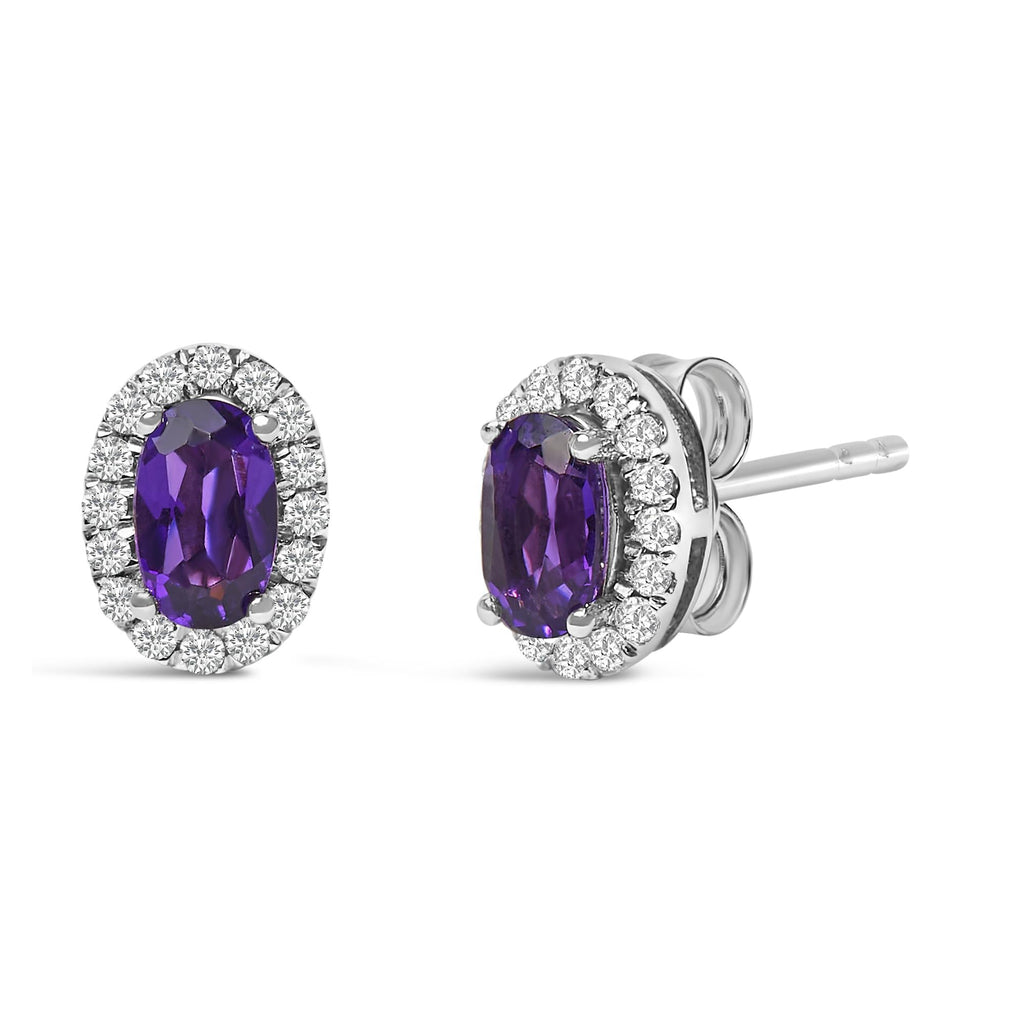 Orecchini a bottone con alone di diamanti e pietra portafortuna taglio ovale da 5x3 mm in oro bianco 10 carati (colore IJ, purezza I1-I2) - Friggin Jewelry