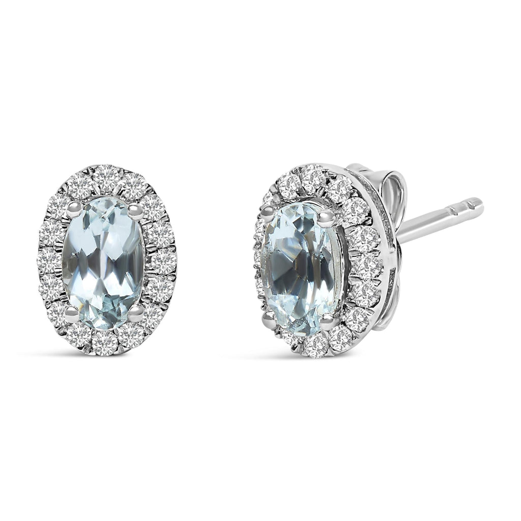 Orecchini a bottone con alone di diamanti e pietra portafortuna taglio ovale da 5x3 mm in oro bianco 10 carati (colore IJ, purezza I1-I2) - Friggin Jewelry