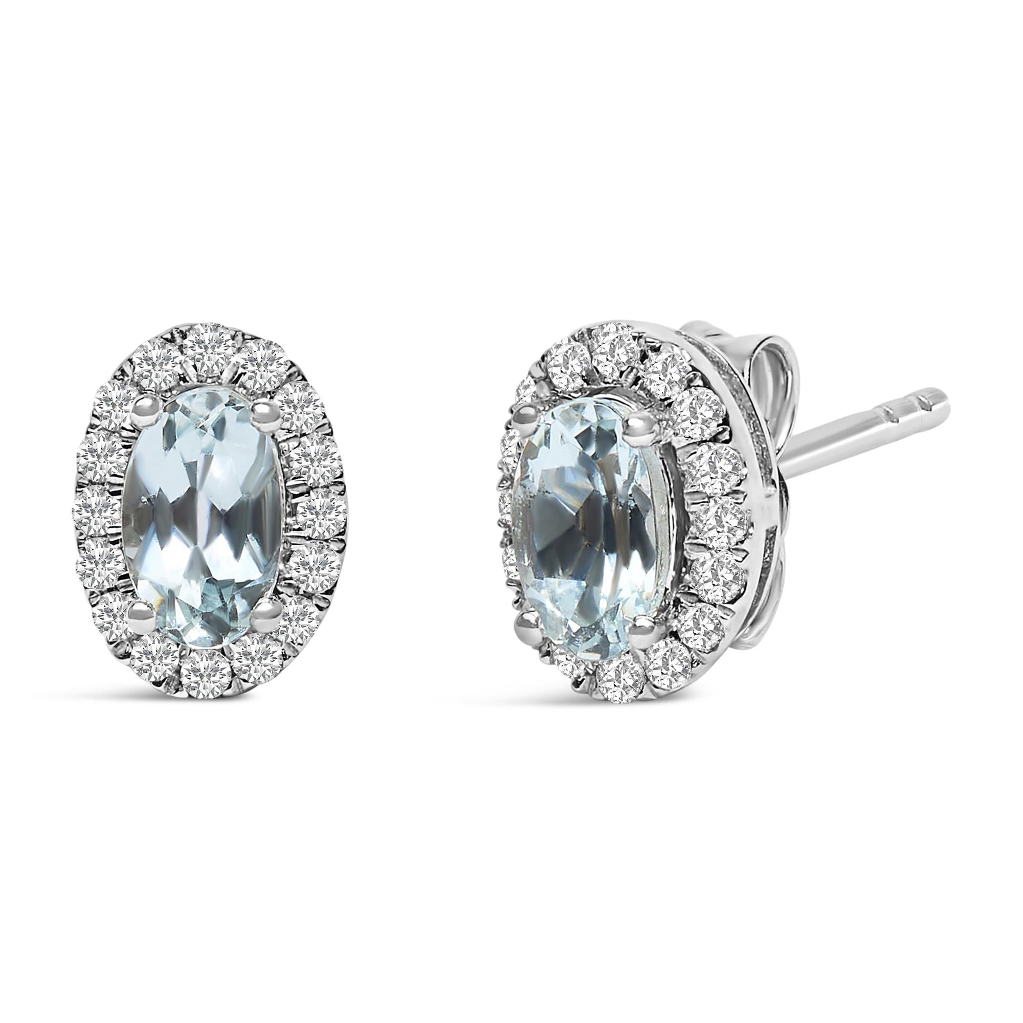 Orecchini a bottone con alone di diamanti e pietra portafortuna taglio ovale da 5x3 mm in oro bianco 10 carati (colore IJ, purezza I1-I2) - Friggin Jewelry