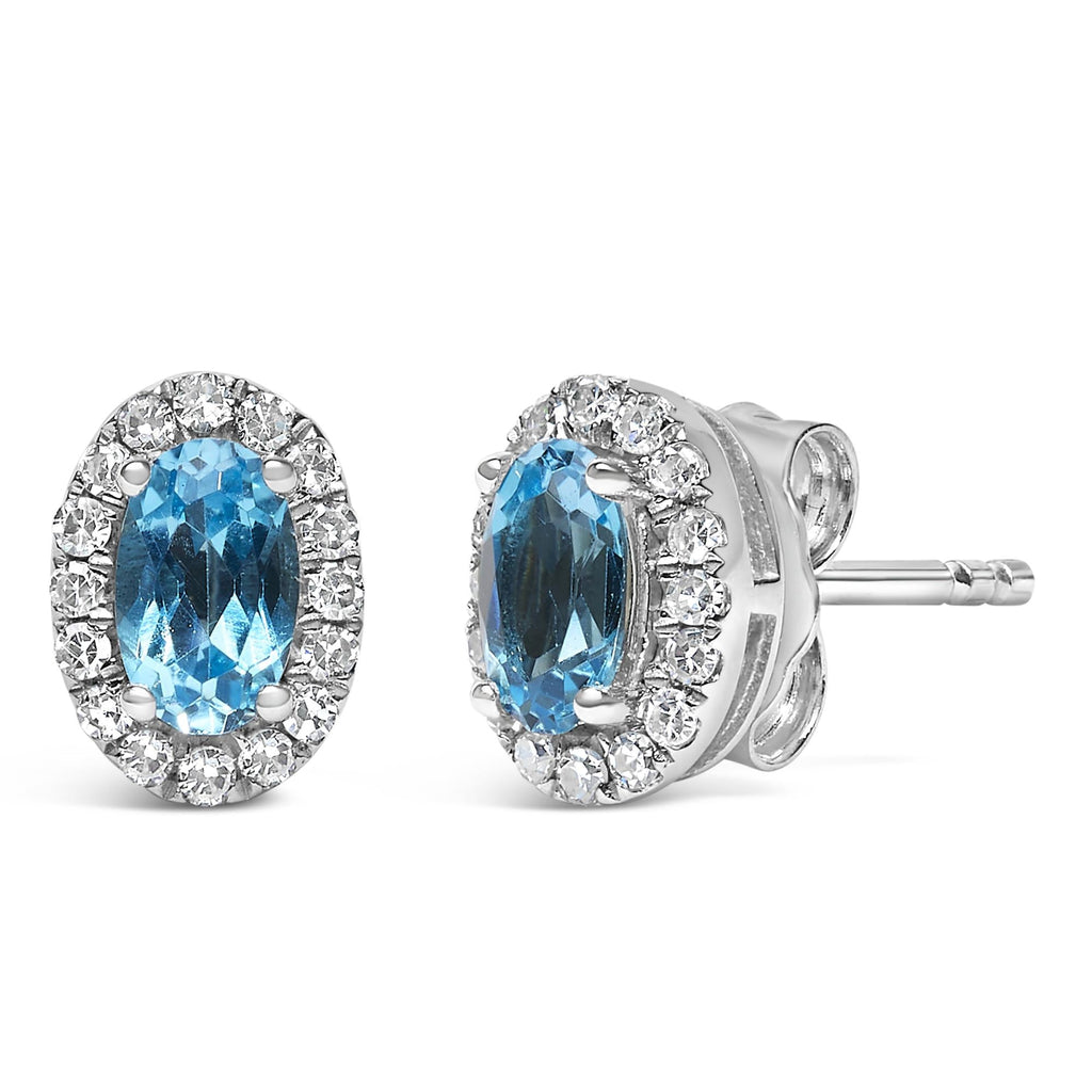 Orecchini a bottone con alone di diamanti e pietra portafortuna taglio ovale da 5x3 mm in oro bianco 10 carati (colore IJ, purezza I1-I2) - Friggin Jewelry