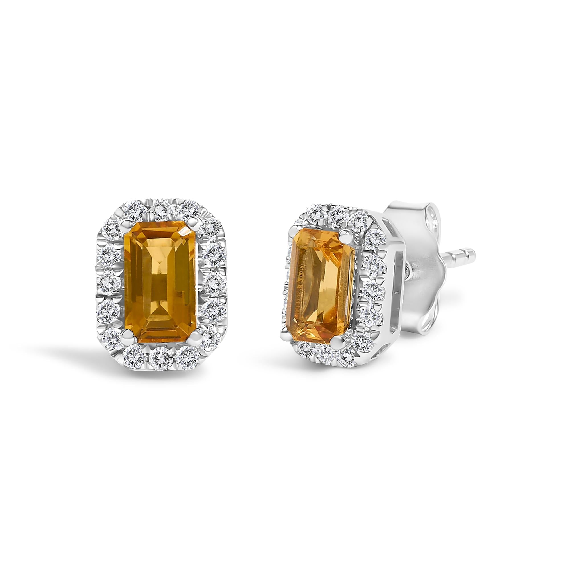 10K Gold 5x3mm Emerald-Cut Gemstone and 1/7 Cttw Diamond Halo Octagonal Stud Earrings (I-J Color, I1-I2 Clarity) - Friggin Jewelry