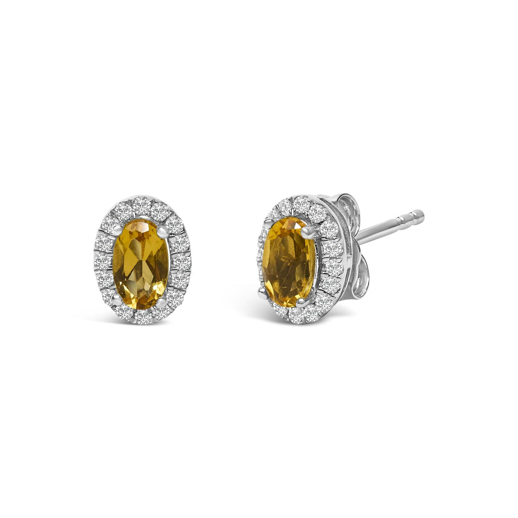 Orecchini a bottone con alone di diamanti e pietra portafortuna taglio ovale da 5x3 mm in oro bianco 10 carati (colore IJ, purezza I1-I2) - Friggin Jewelry