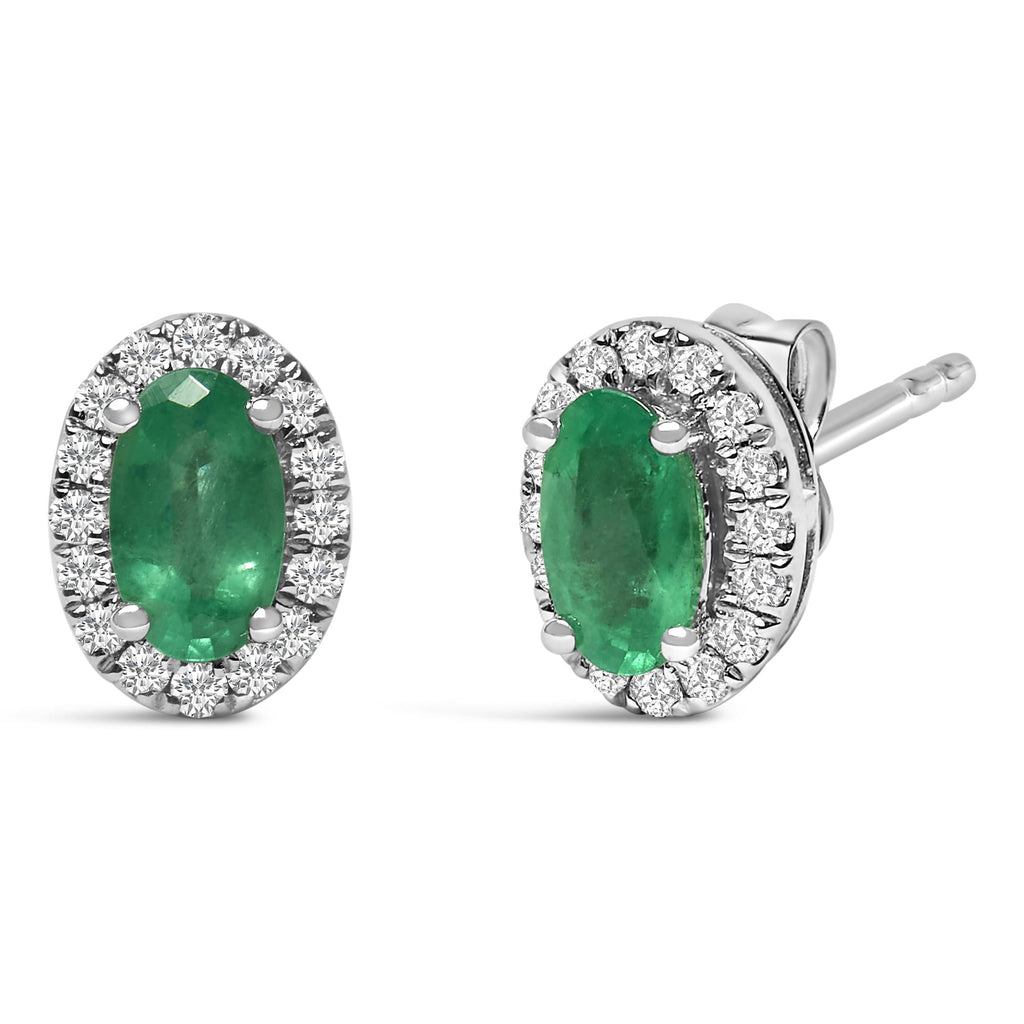 Orecchini a bottone con alone di diamanti e pietra portafortuna taglio ovale da 5x3 mm in oro bianco 10 carati (colore IJ, purezza I1-I2) - Friggin Jewelry