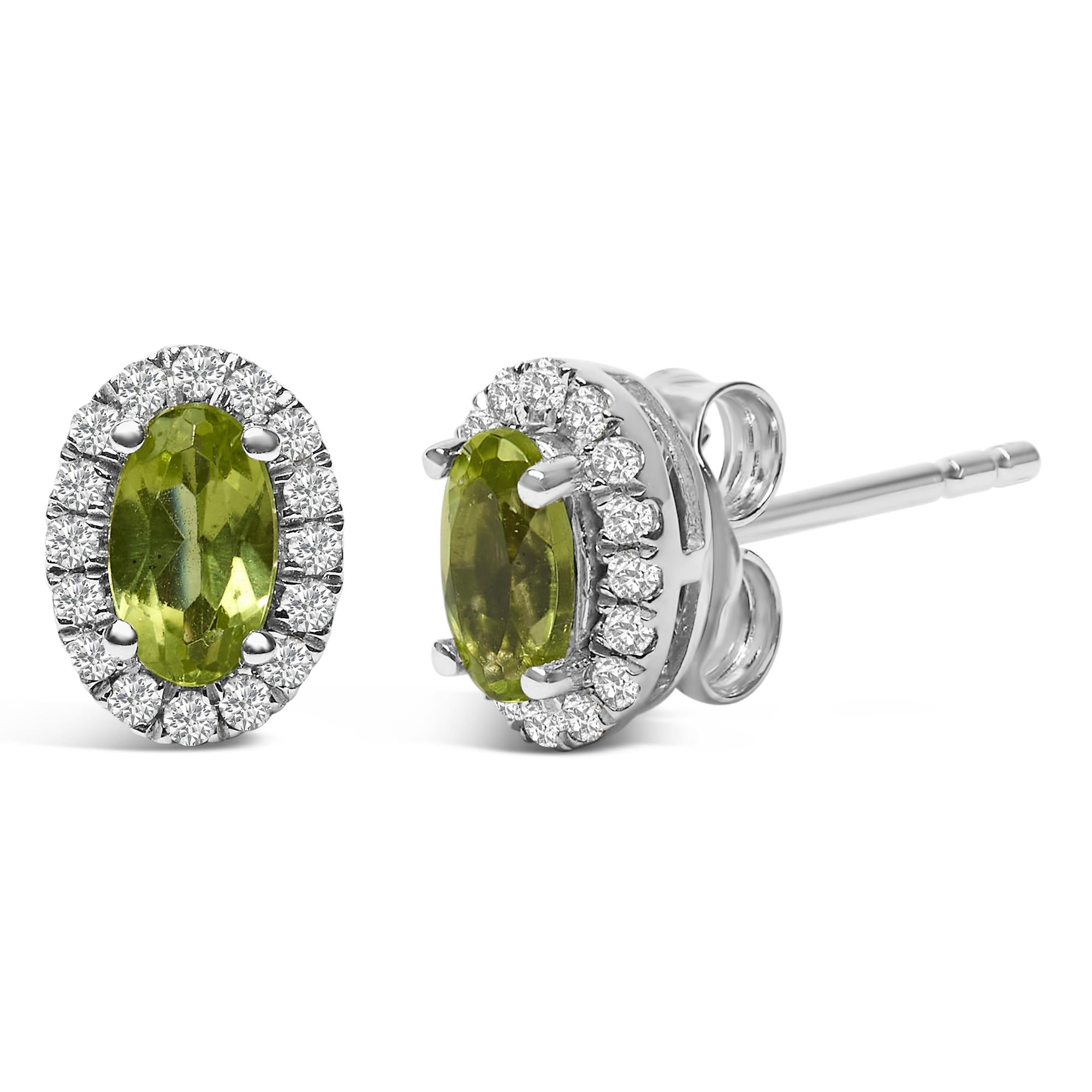 Orecchini a bottone con alone di diamanti e pietra portafortuna taglio ovale da 5x3 mm in oro bianco 10 carati (colore IJ, purezza I1-I2) - Friggin Jewelry