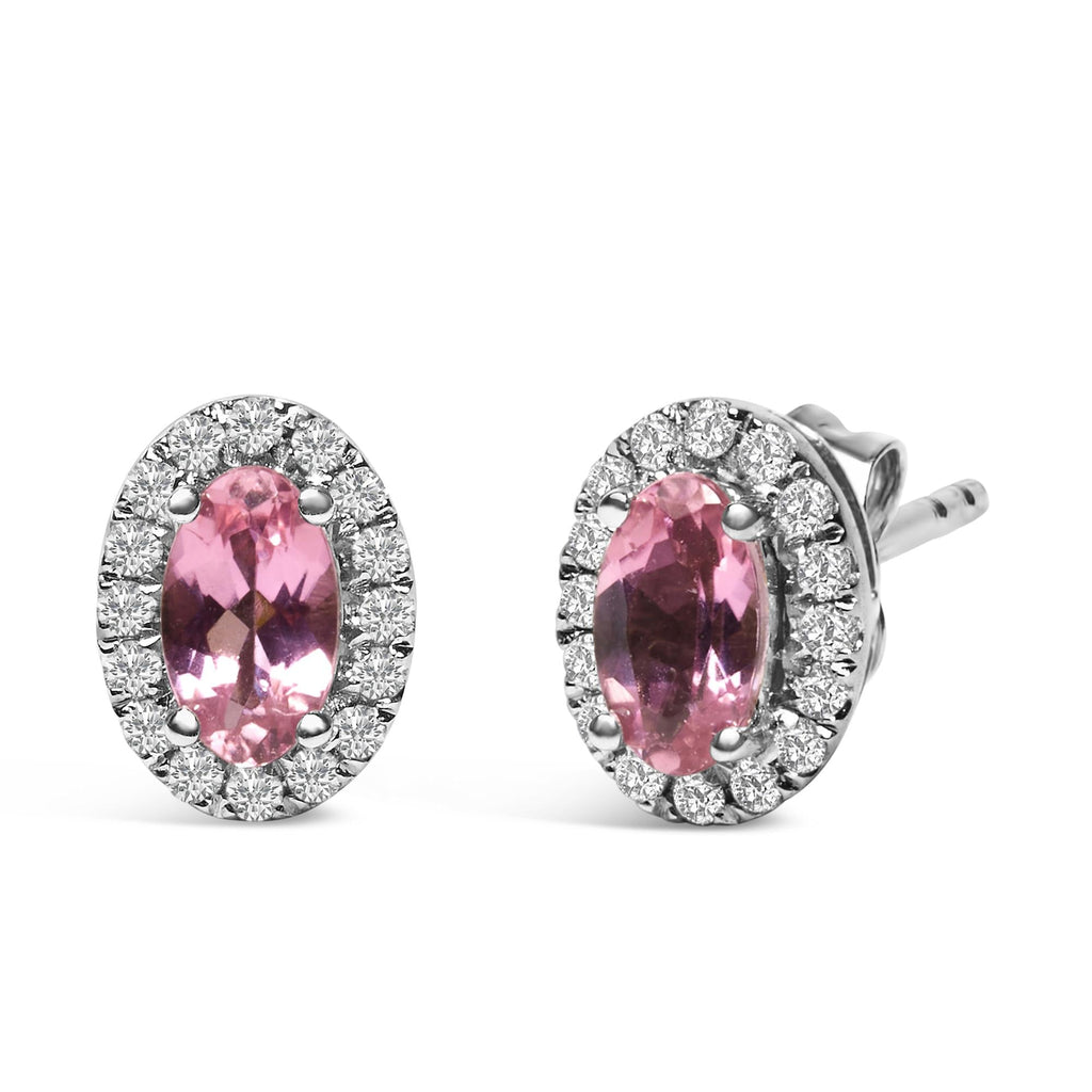 Orecchini a bottone con alone di diamanti e pietra portafortuna taglio ovale da 5x3 mm in oro bianco 10 carati (colore IJ, purezza I1-I2) - Friggin Jewelry