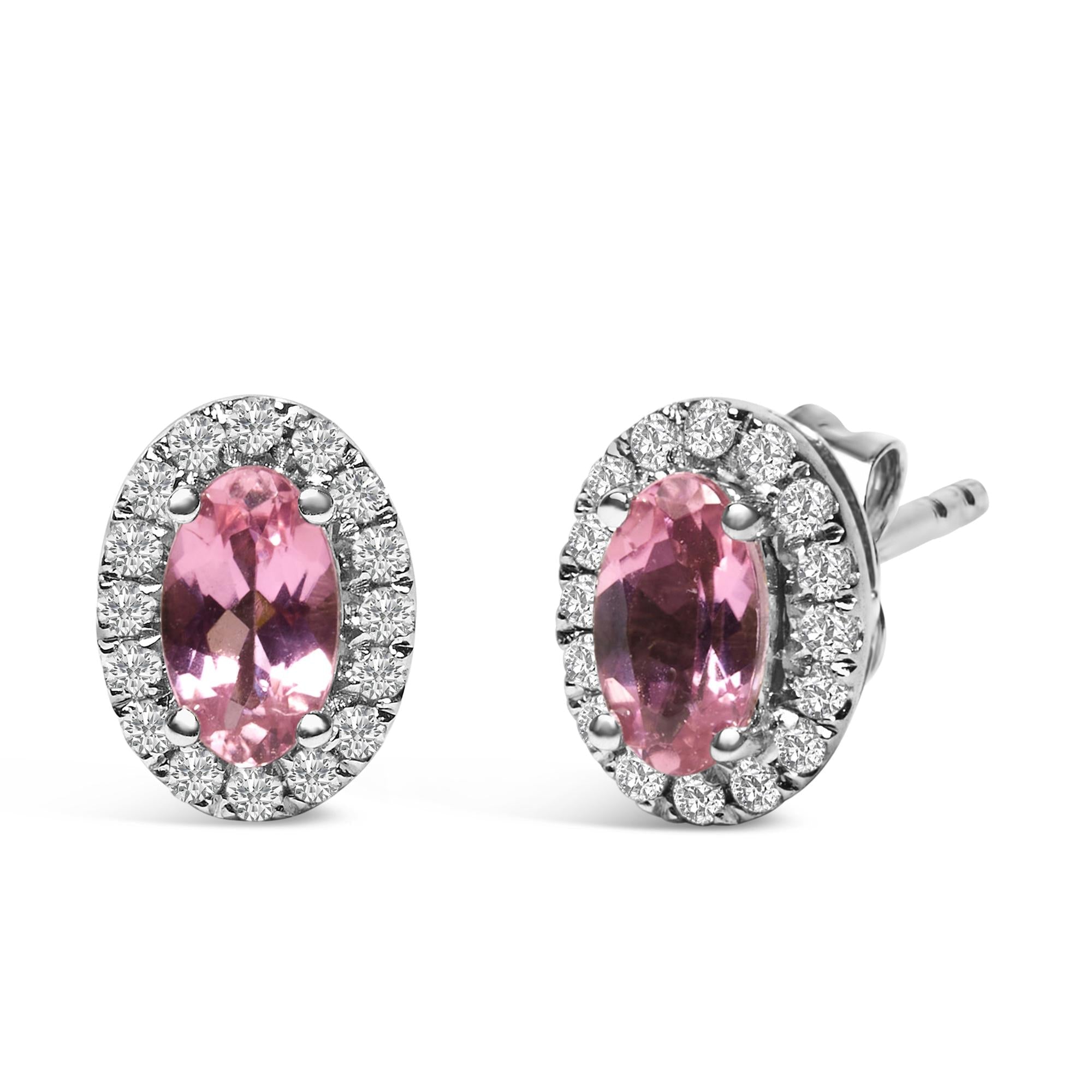 Orecchini a bottone con alone di diamanti e pietra portafortuna taglio ovale da 5x3 mm in oro bianco 10 carati (colore IJ, purezza I1-I2) - Friggin Jewelry