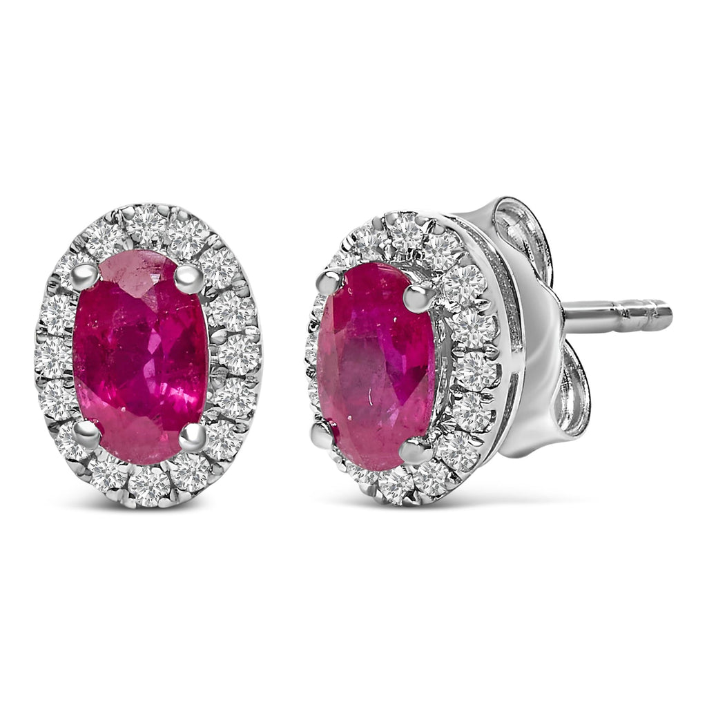 Orecchini a bottone con alone di diamanti e pietra portafortuna taglio ovale da 5x3 mm in oro bianco 10 carati (colore IJ, purezza I1-I2) - Friggin Jewelry