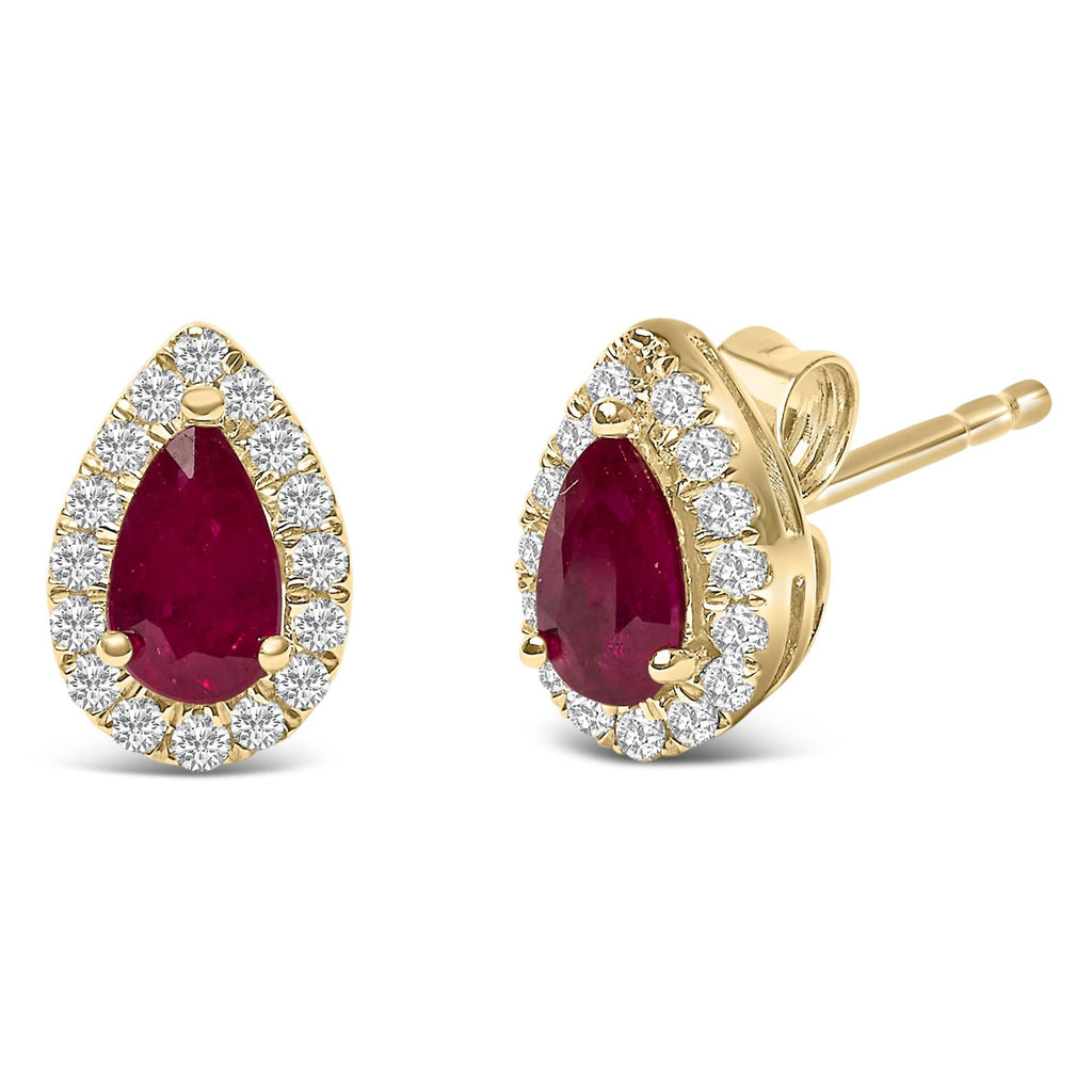 10K Yellow Gold 5X3 MM Pear-Cut Ruby and 1/7 Cttw Diamond Halo Stud Earrings (I-J Color, I1-I2 Clarity) - Friggin Jewelry