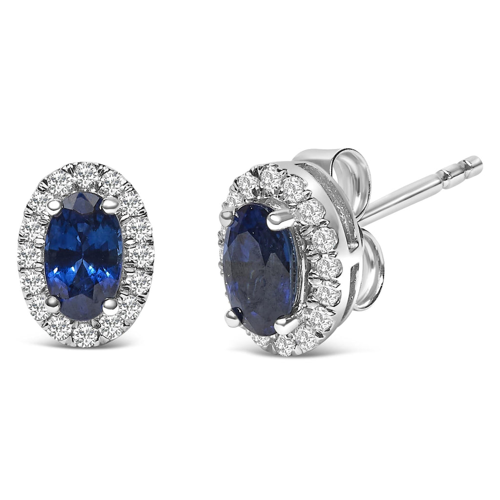 Orecchini a bottone con alone di diamanti e pietra portafortuna taglio ovale da 5x3 mm in oro bianco 10 carati (colore IJ, purezza I1-I2) - Friggin Jewelry