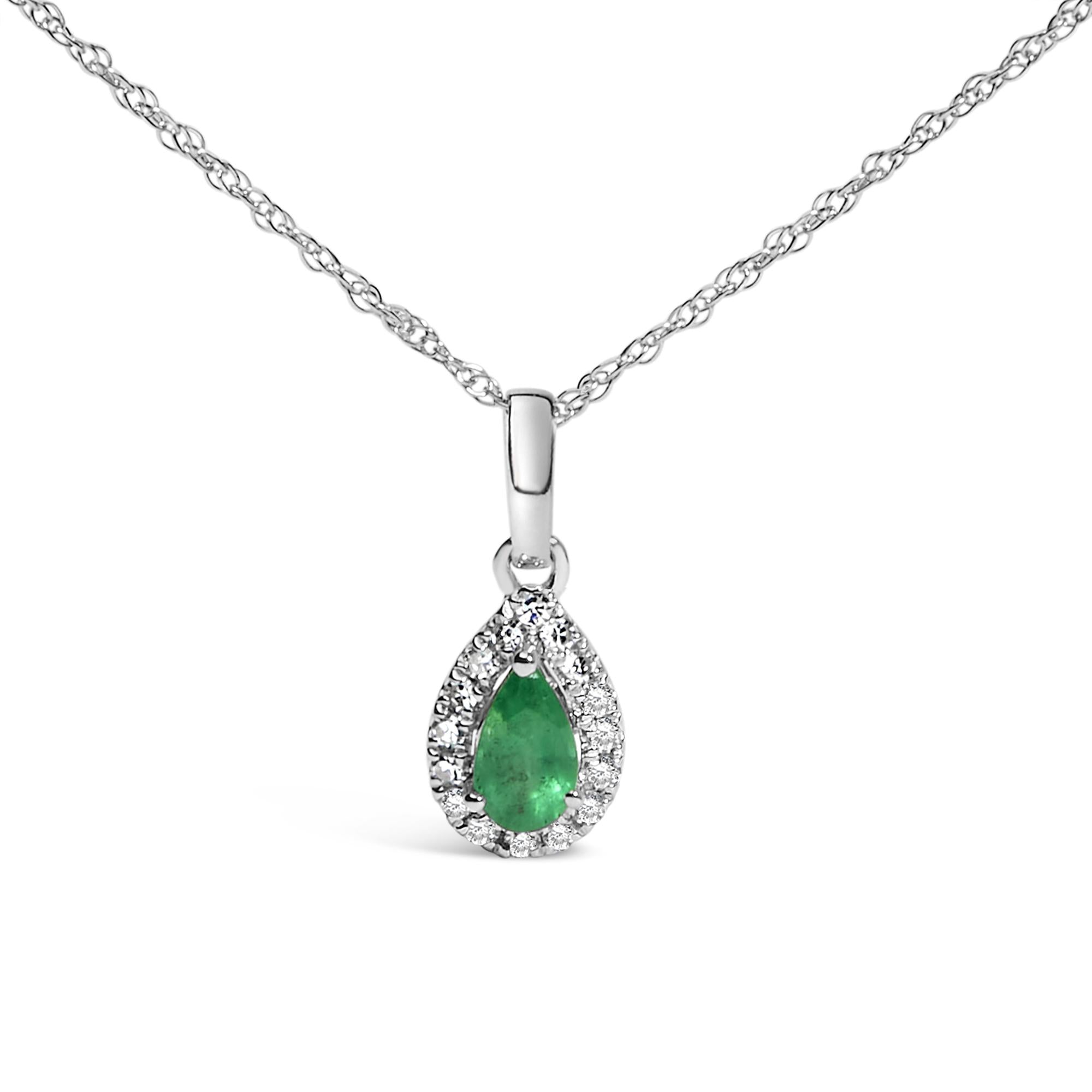 10K White Gold 5x3mm Gemstone and Diamond Accent Halo Pear Shape 18" Pendant Necklace (I-J Color, I1-I2 Clarity) - Friggin Jewelry