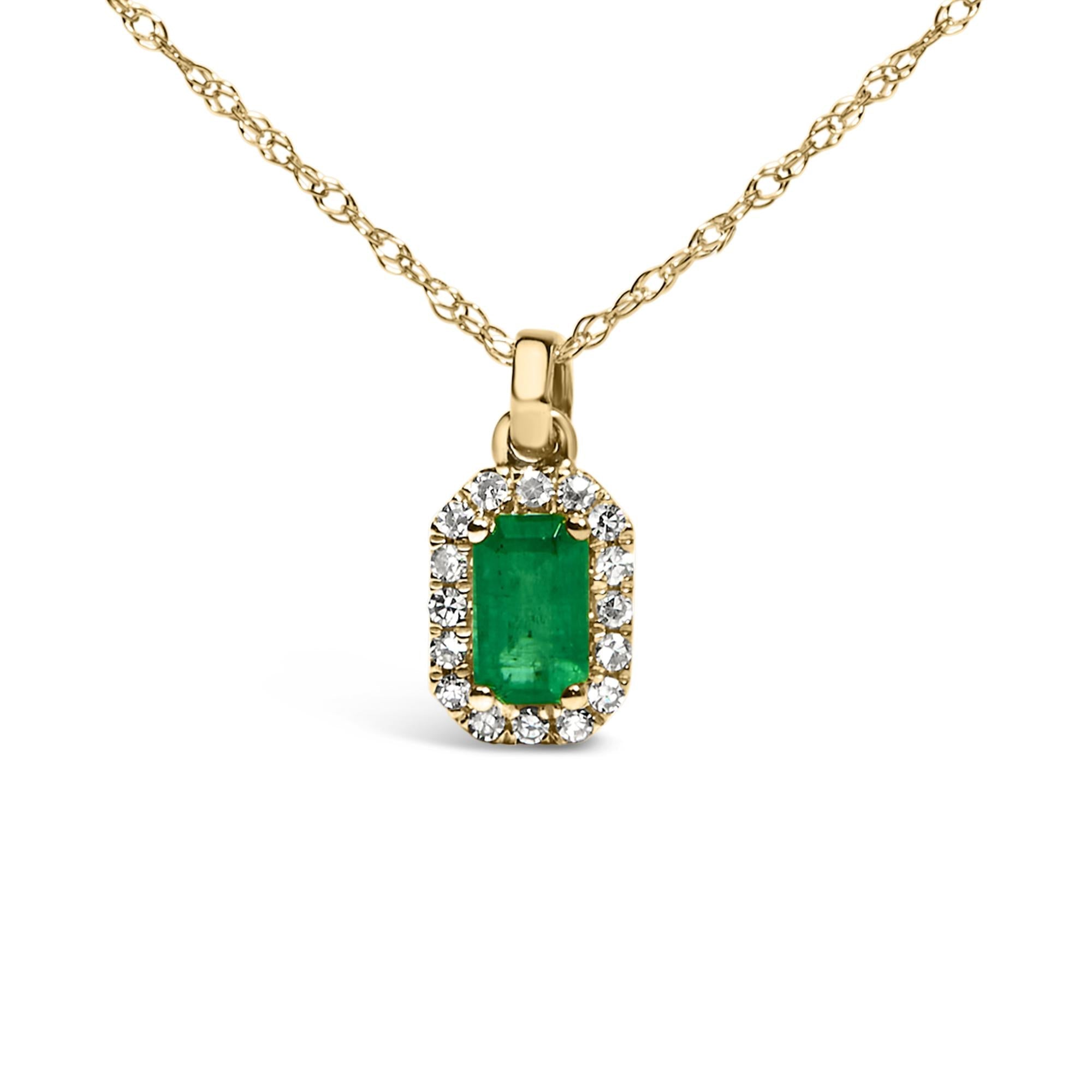10K Yellow Gold 5x3mm Green Emerald and Diamond Accent Halo Octagonal Shape 18" Pendant Necklace (I-J Color, I1-I2 Clarity) - Friggin Jewelry