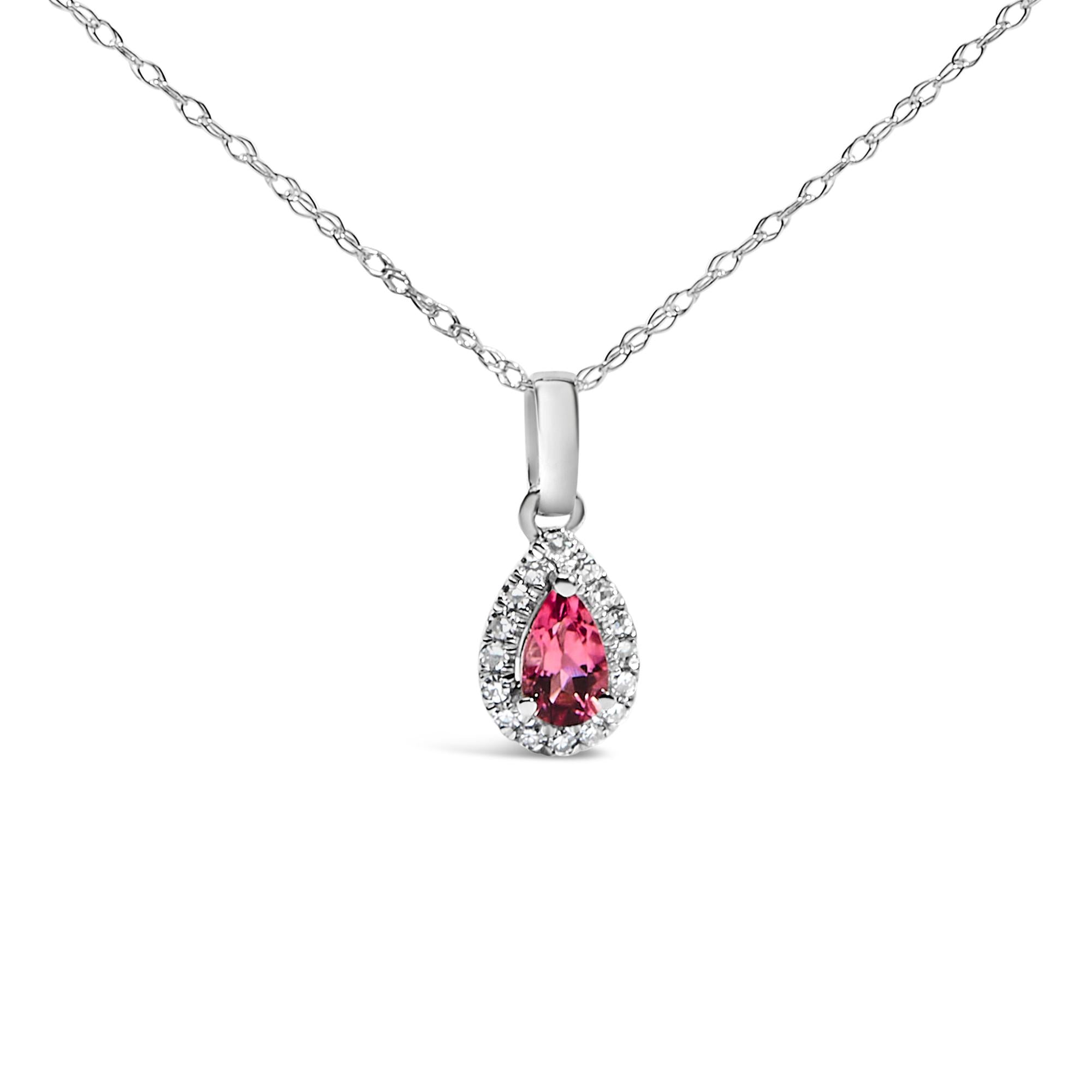 10K White Gold 5x3mm Gemstone and Diamond Accent Halo Pear Shape 18" Pendant Necklace (I-J Color, I1-I2 Clarity) - Friggin Jewelry