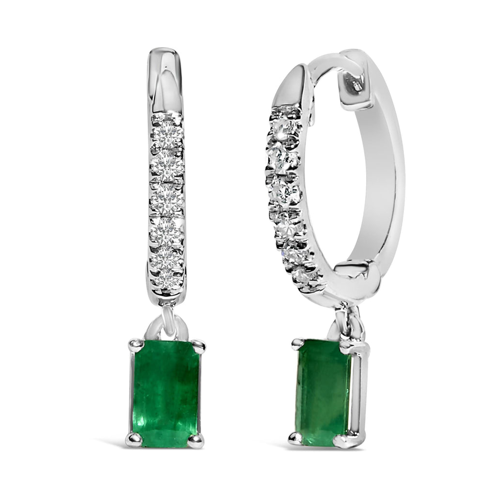 10K White Gold Oval Green Emerald and 1/8 Cttw Diamond Drop Earrings  (I-J Color, I1-I2 Clarity) - Friggin Jewelry