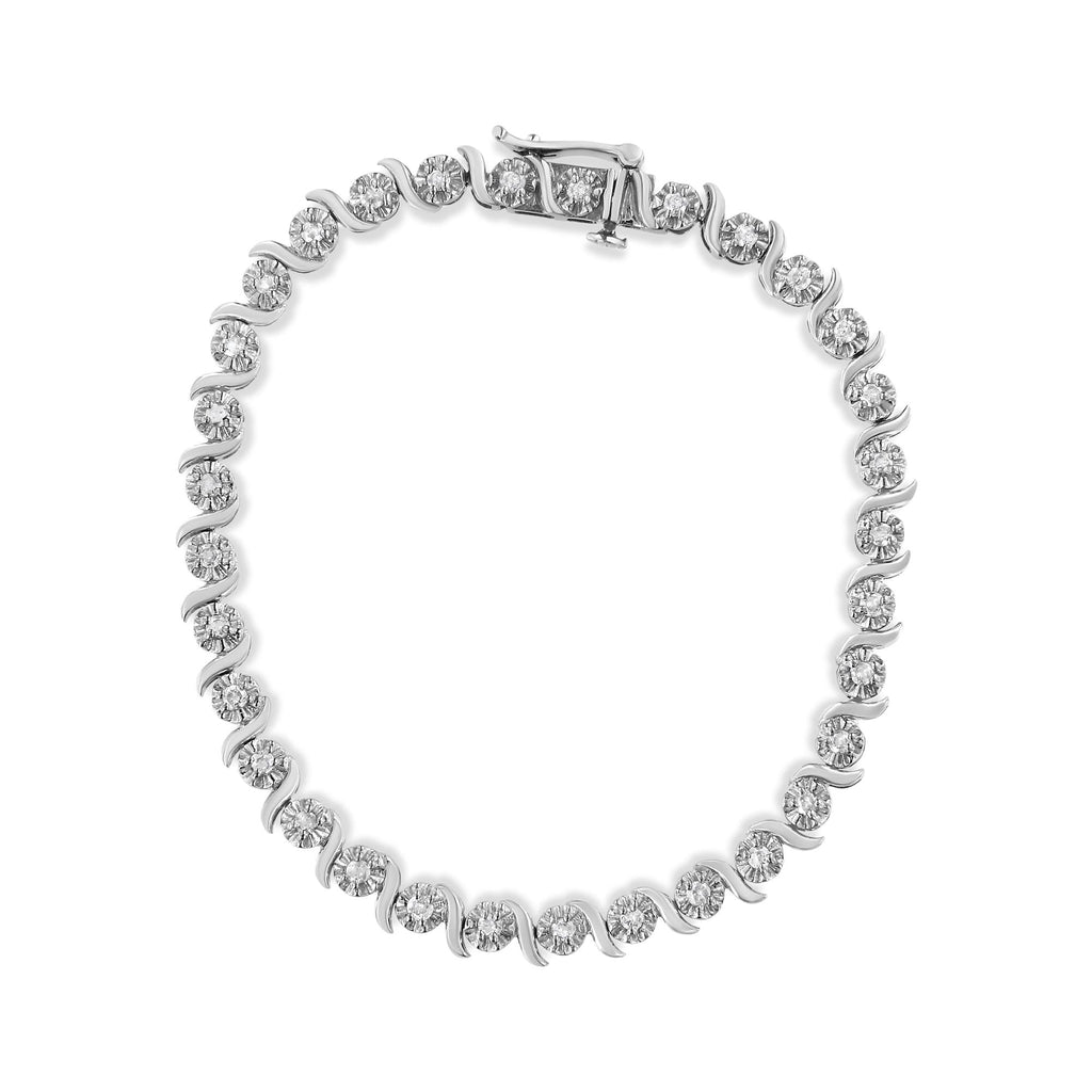 .925 Sterling Silver 1.0 Cttw Diamond Spiral Wave Curved-Link 7" Tennis Bracelet (I-J Color, I3 Clarity) - Friggin Jewelry