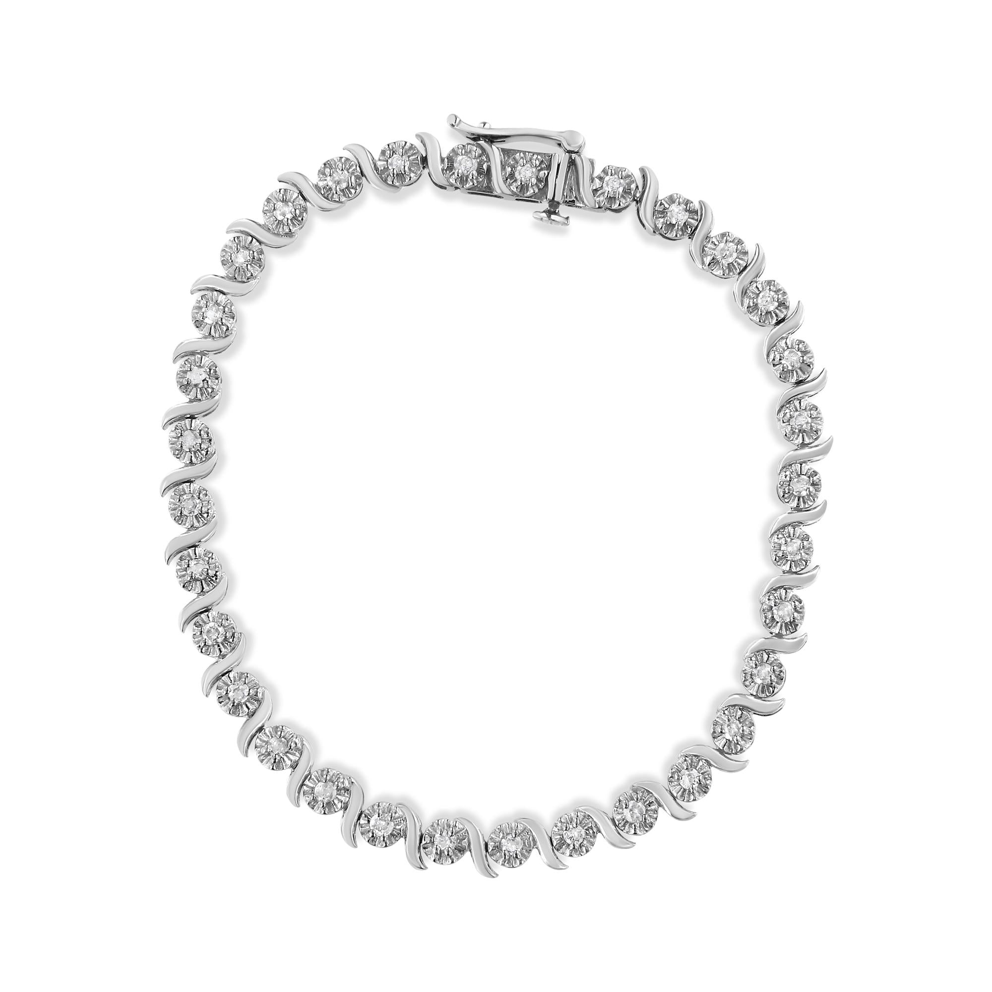 .925 Sterling Silver 1.0 Cttw Diamond Spiral Wave Curved-Link 7" Tennis Bracelet (I-J Color, I3 Clarity) - Friggin Jewelry
