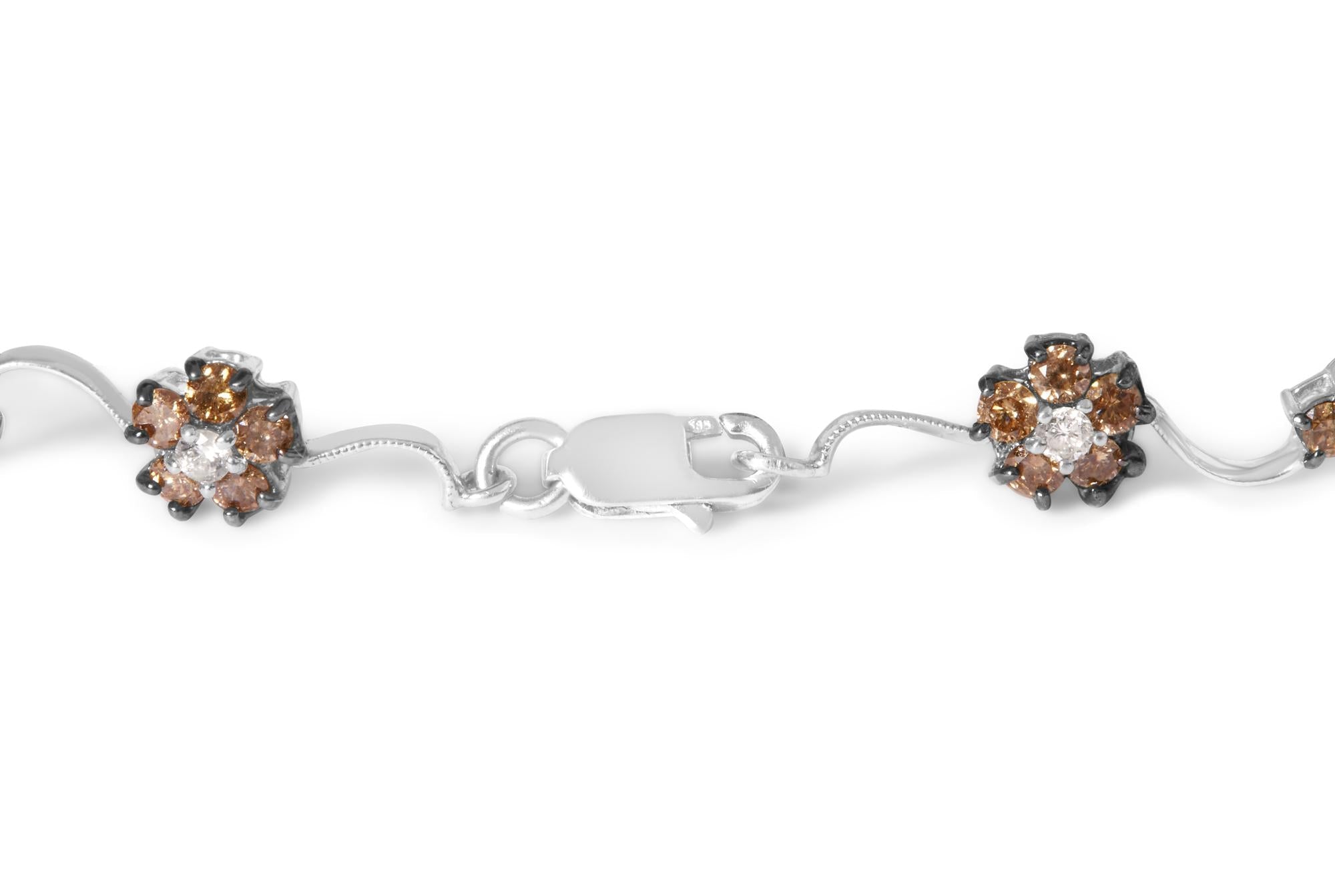 10K White Gold 4.0 Cttw Champagne and White Diamond Floral Cluster and Station Link Bracelet (H-I Color, SI2-I1 Clarity) - 7" Inches - Friggin Jewelry