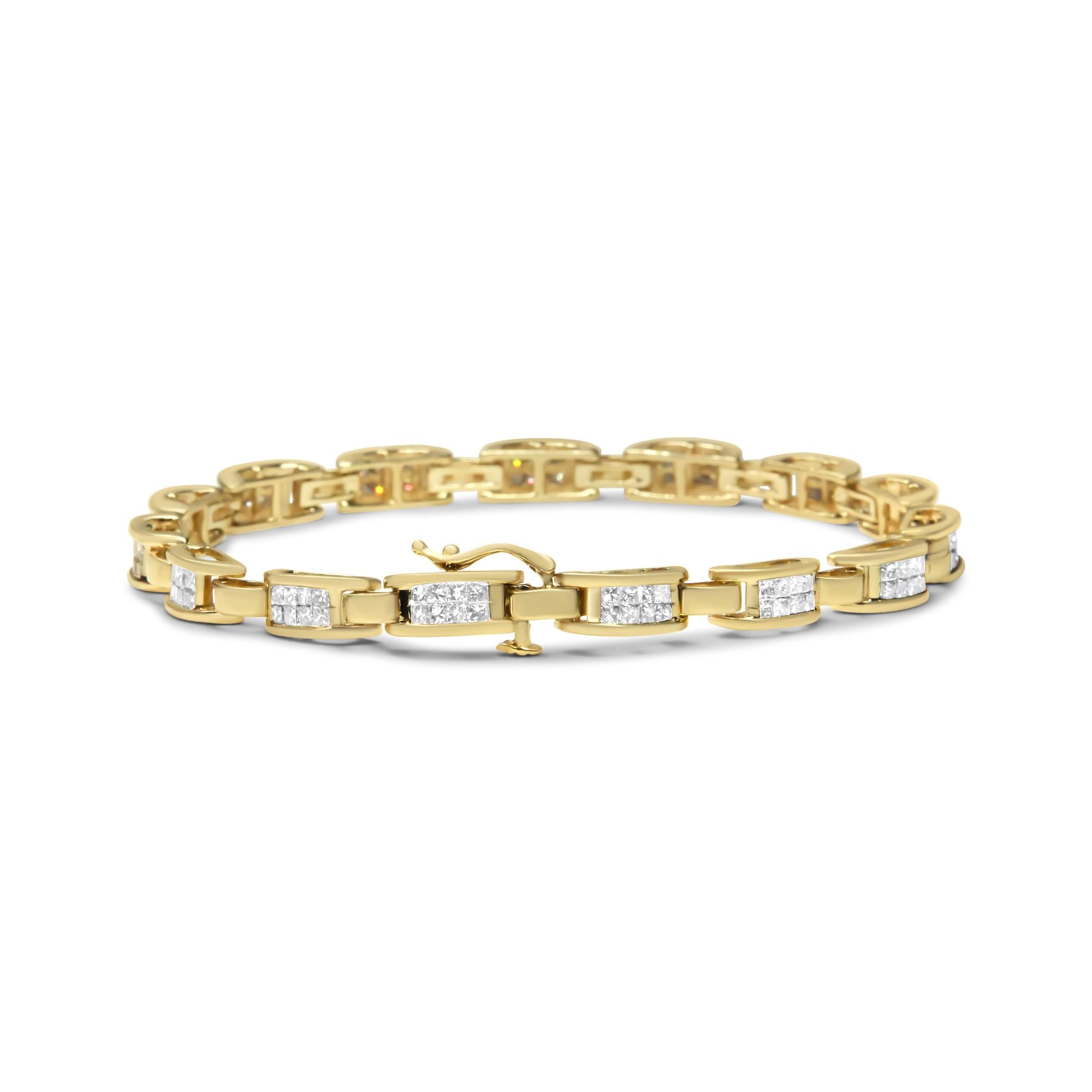 Bracciale a maglie rettangolari in oro giallo 10 carati con diamanti taglio principessa incastonati in modo invisibile da 2,0 ct (colore IJ, purezza SI2-I1) - 7" - Friggin Jewelry