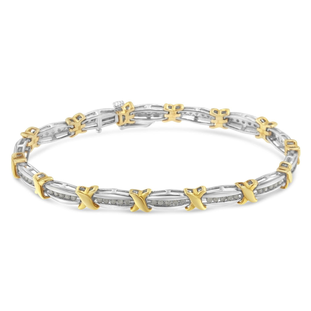 Two-Tone 10K Yellow Gold over .925 Sterling Silver 1.0 Cttw Diamond Channel Set Tapered & X-Link 7" Tennis Bracelet (H-I Color, I2-I3 Clarity) - Friggin Jewelry