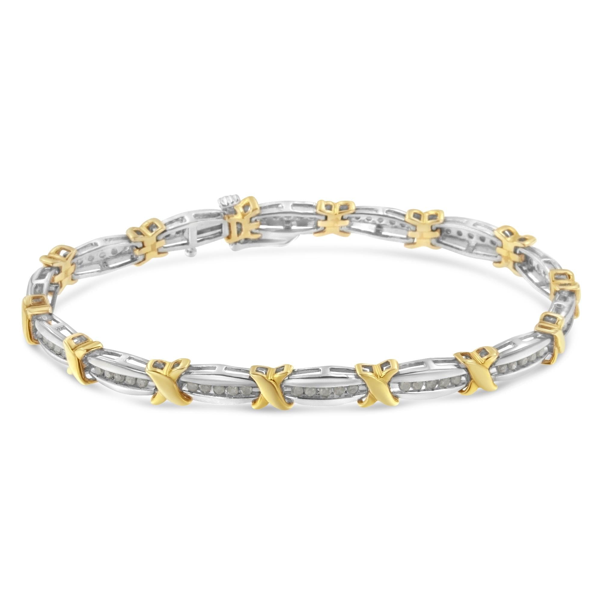Two-Tone 10K Yellow Gold over .925 Sterling Silver 1.0 Cttw Diamond Channel Set Tapered & X-Link 7" Tennis Bracelet (H-I Color, I2-I3 Clarity) - Friggin Jewelry