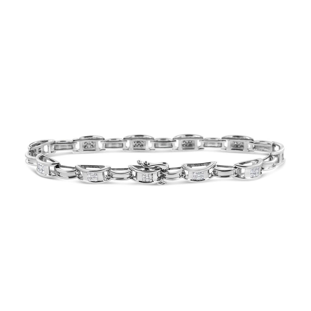 14K White Gold 1.0 Cttw Invisible Set Princess Diamond Alternating Link Tennis Bracelet (I-J Color, I1-I2 Clarity) - 7.25" - Friggin Jewelry